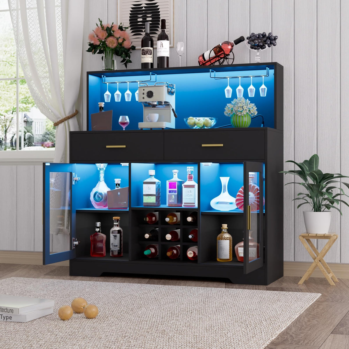 Black Wine Bar Cabinet with LED Lights