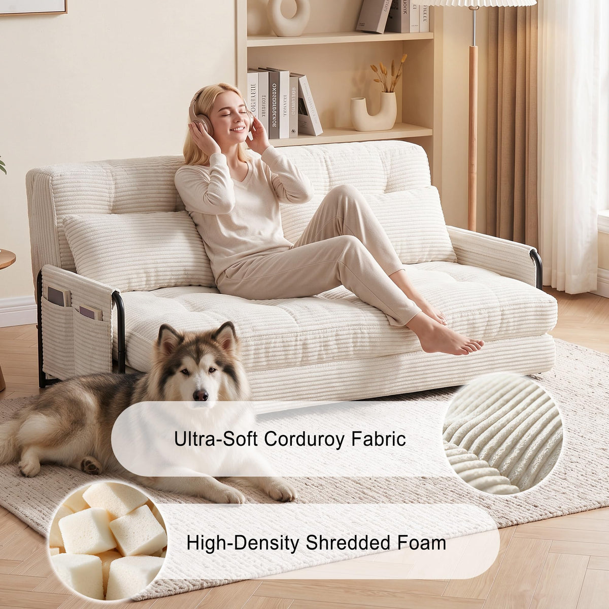 Mr IRONSTONE Folding Sofa Bed Couch with 2 Pillows, 2-Person Convertible Futon Floor Sofa Recliner with Armrests, Foldable Sleeper Couch for Living Room, Bedroom, Dorm, White