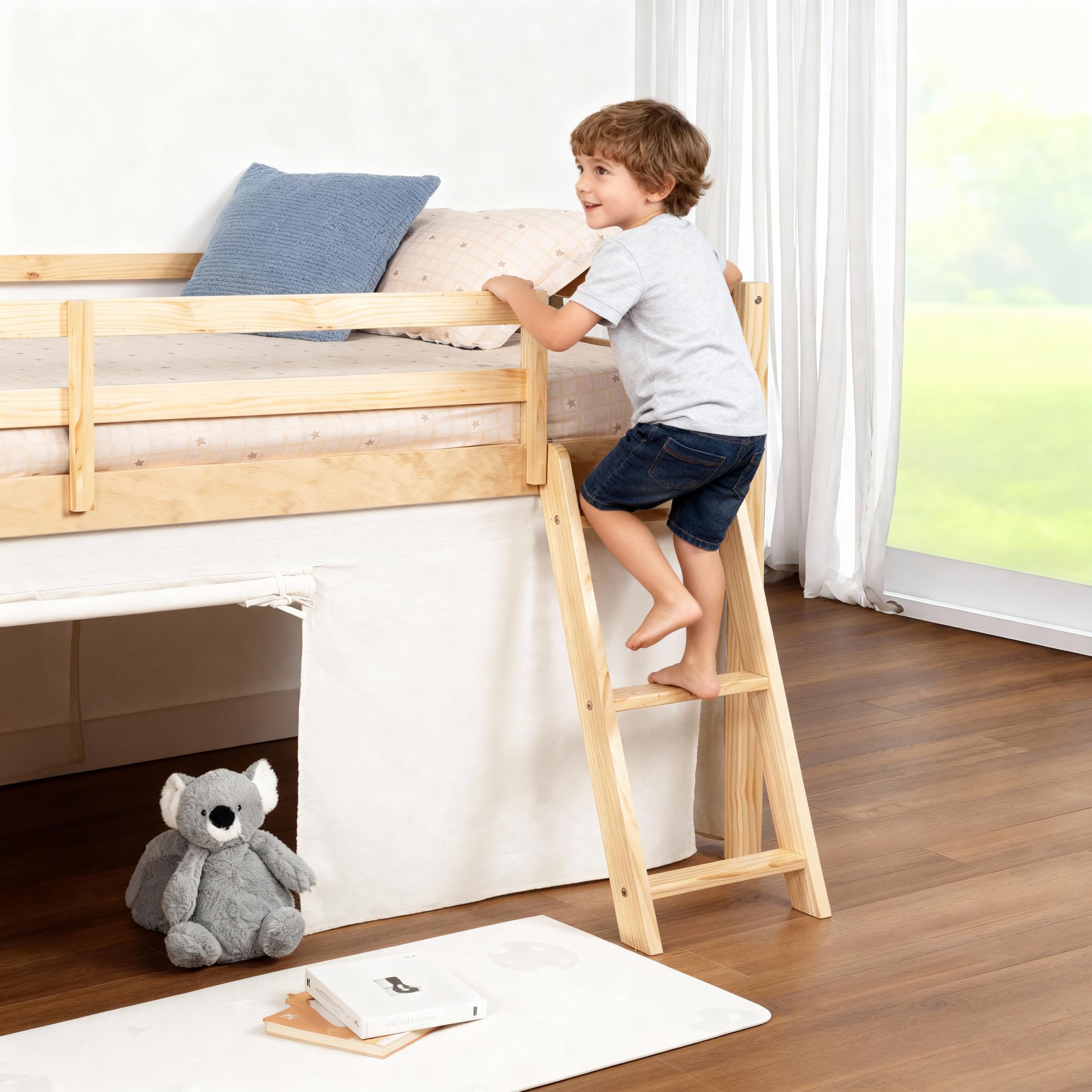 Kids Loft Bed with Slide & Tent