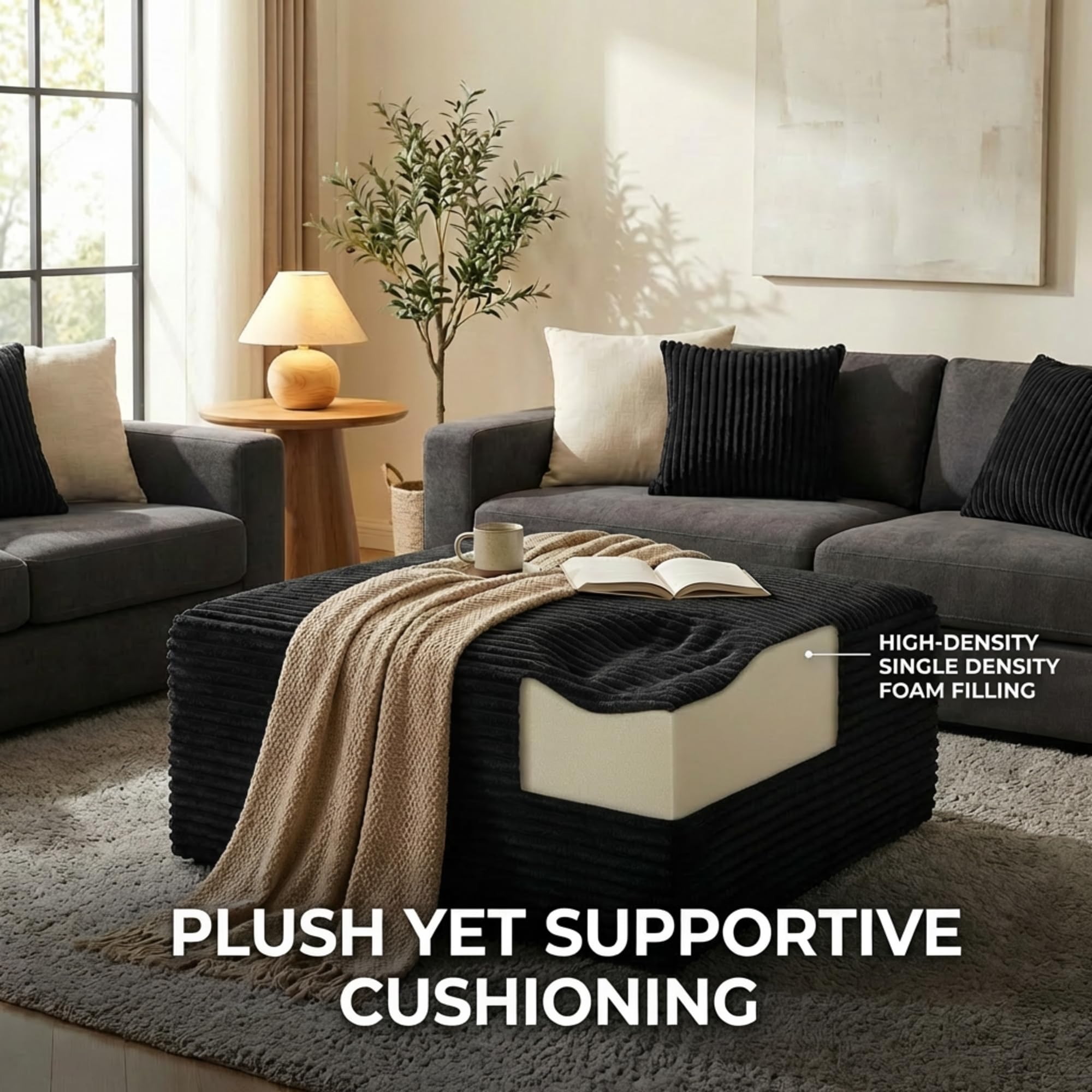 NMXUXMN Oversized Boneless Ottoman for Living Room – Plush Square Corduroy Upholstered Couch Ottoman, Modern Low-Profile Footrest for Sectional & Modular Sofa-Black