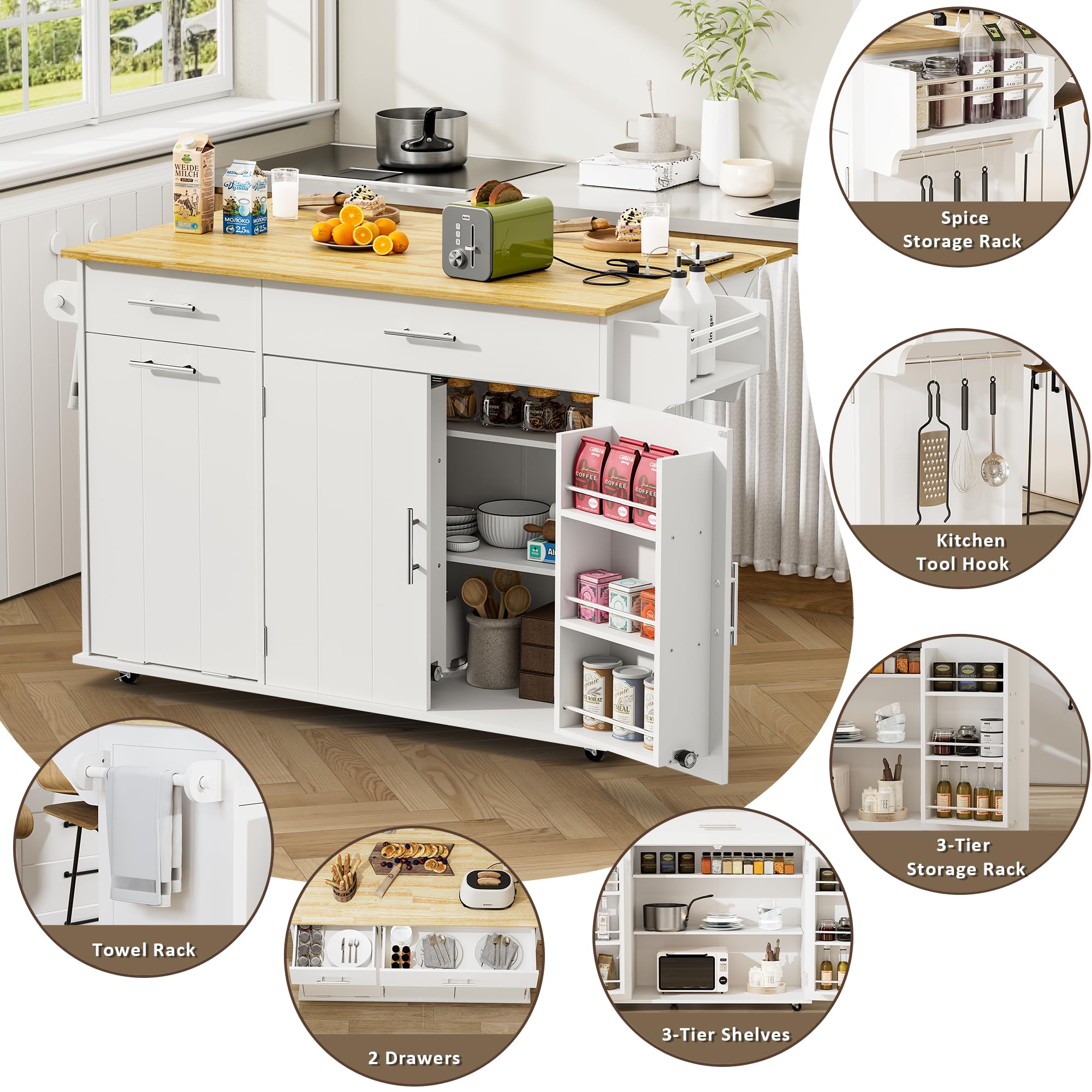 Rolling Kitchen Island with Trash Can & Drop Leaf