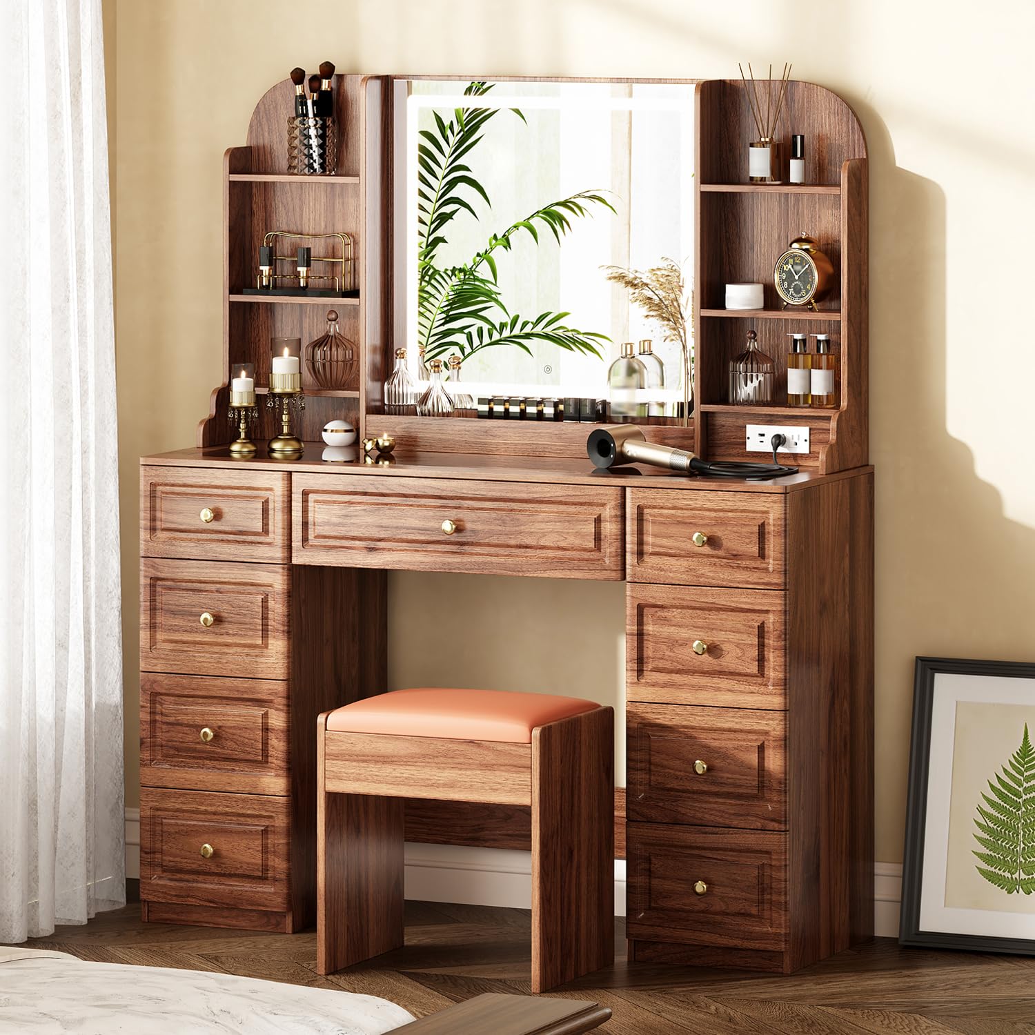 Arulvmrn 43" Makeup Vanity Desk with Mirror and Lights, & Power Outl, Glass Top Big Vanity Table with 9 Drawers& 8 Storage Shelves, Dressing Table Set with Chair for Bedroom, Brown