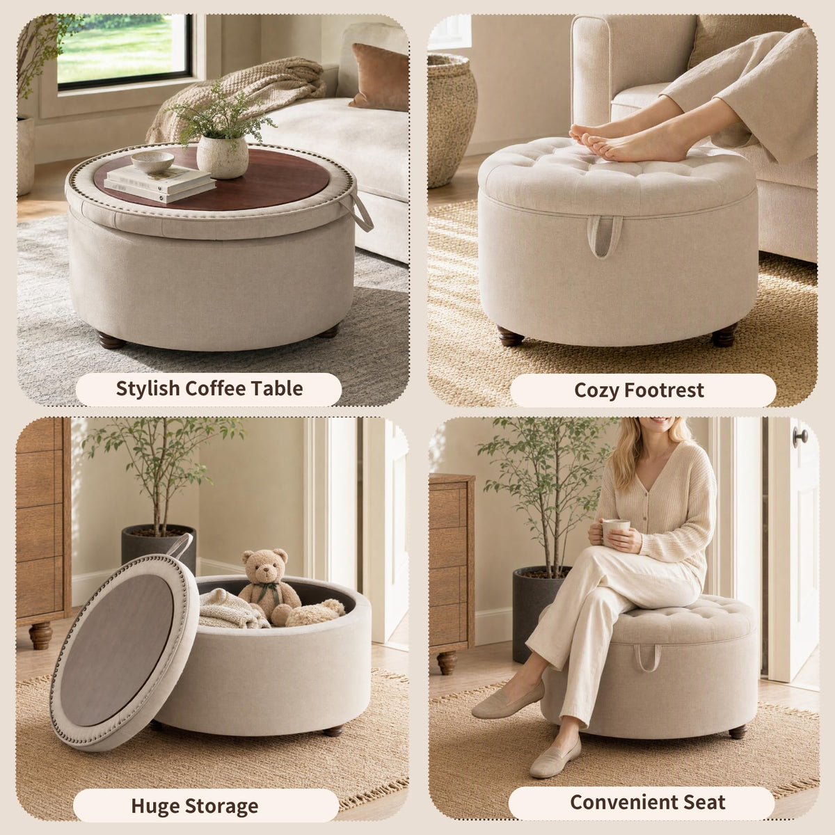 Round Chenille Storage Ottoman