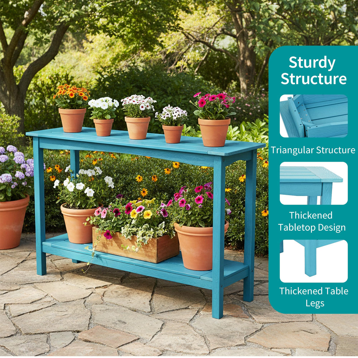 Outdoor Console Table, All-Weather 2-Tier Patio Console Table, Light Blue