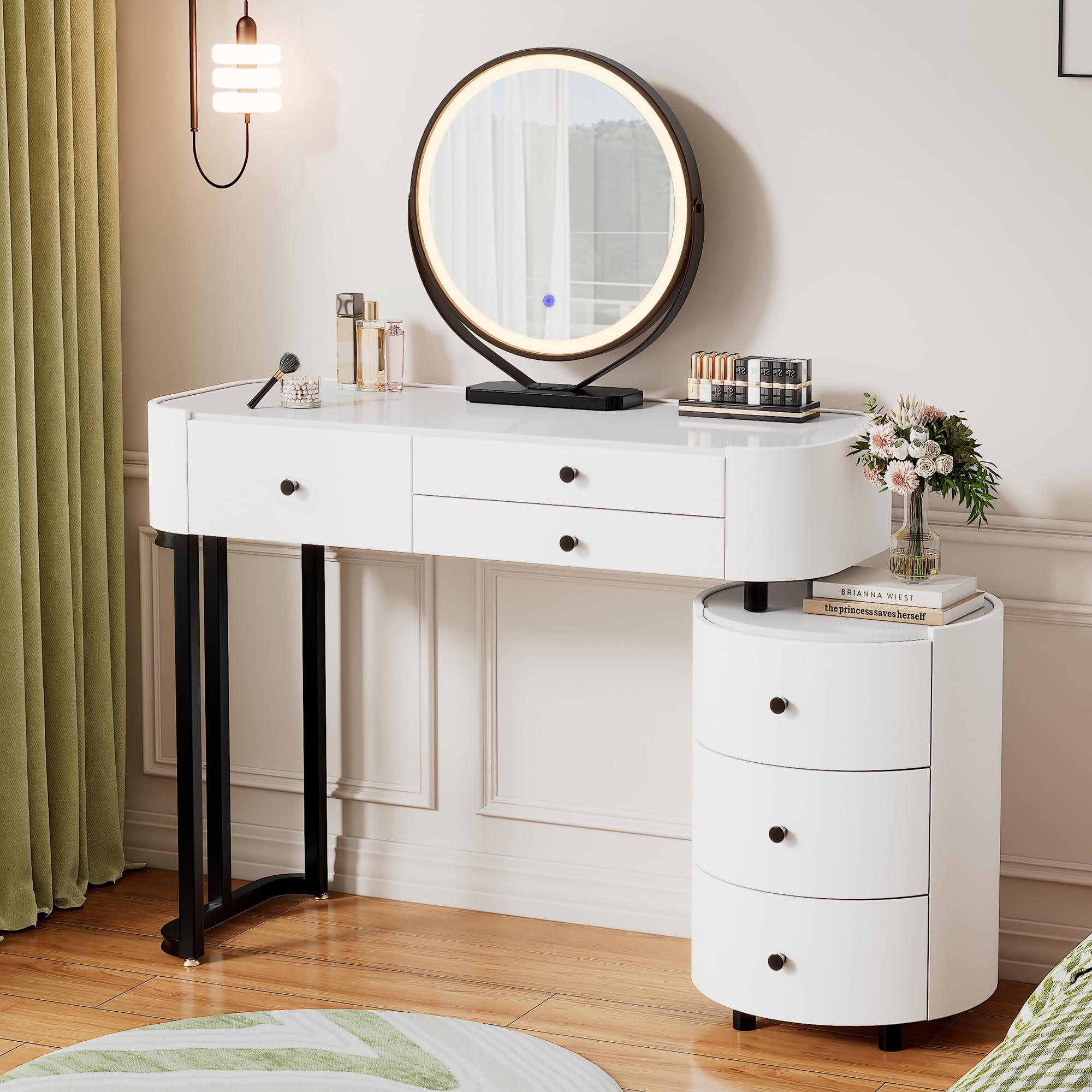 KDCAS Modern Vanity Desk with Mirror and Lights | Faux Leather Makeup Vanity with 5 Drawers | Round Reversible Side Cabinet for Small Spaces 38.38-46.45 in (White)