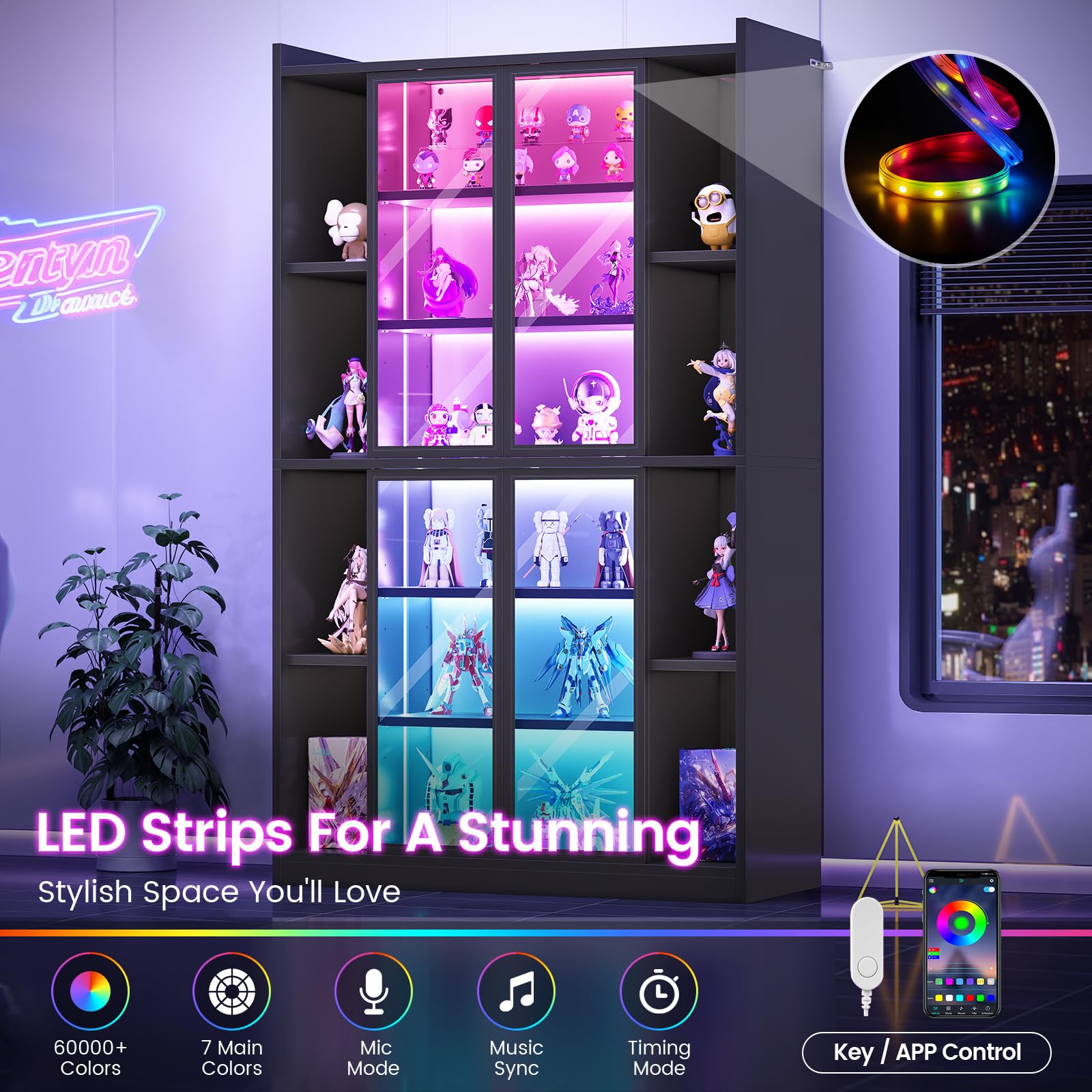 71" Glass Door Display Cabinet with RGB LED Lights & Adjustable Shelves