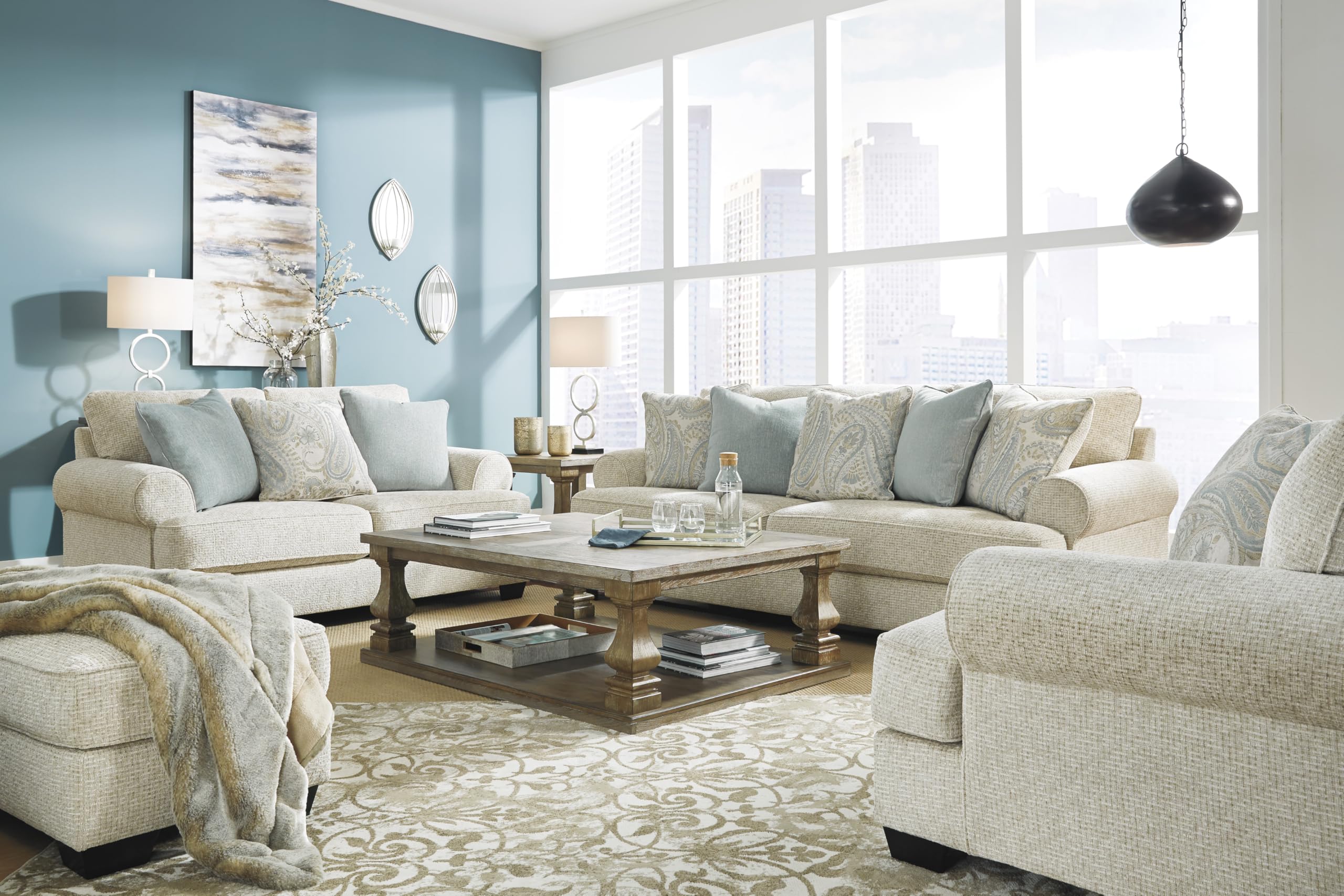 Chenille Loveseat with Rolled Arms, Reversible Cushions & Accent Pillows