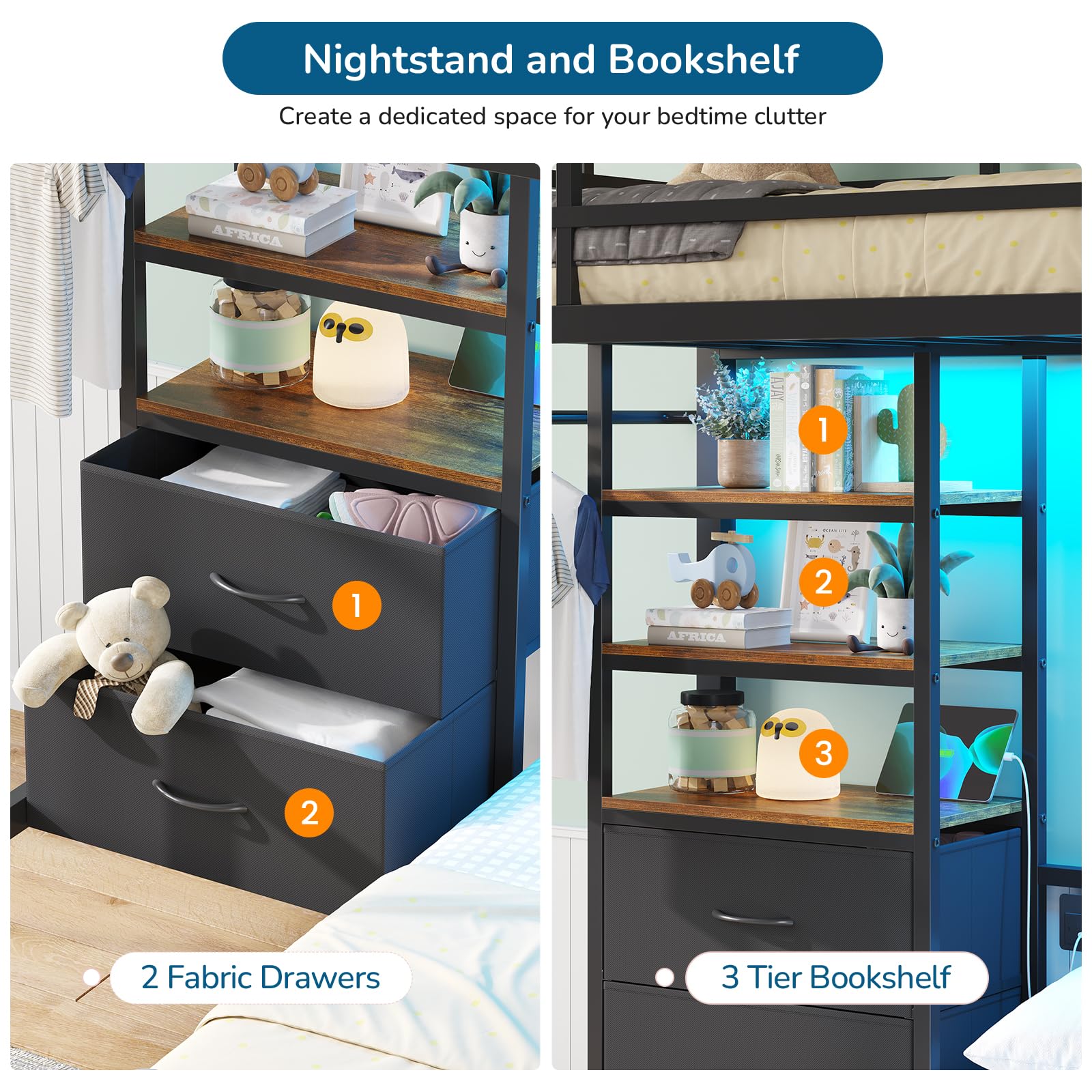 Twin Over Full Bunk Bed with Storage & LED Lights