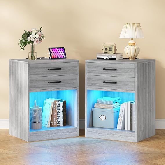 LED Nightstands with Charging Station & Drawers, Set of 2
