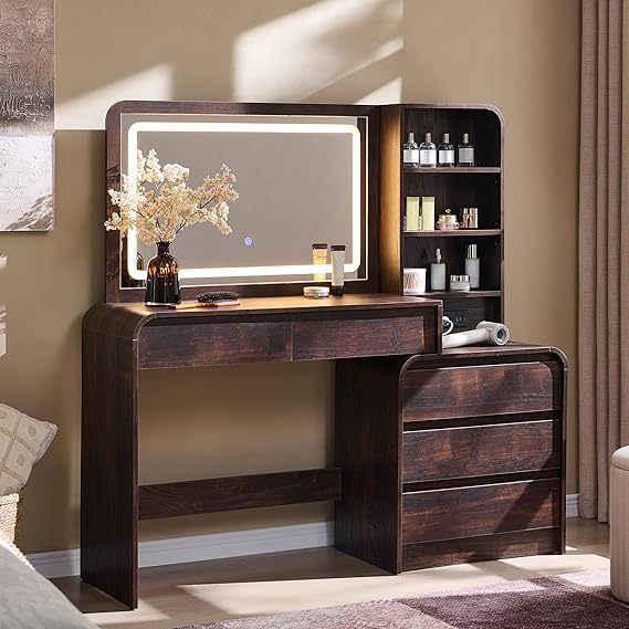 Vanity Desk with Mirror and Lights, 55.83" W, 5 Drawers & Charging Station