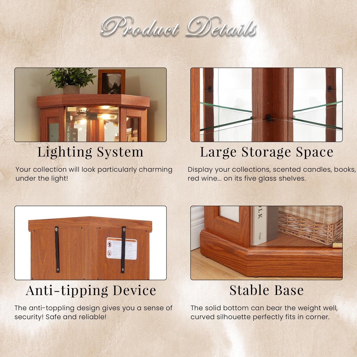 Eyisean 70" Lighted Display Cabinet,Corner Curio Cabinet with Glass Doors