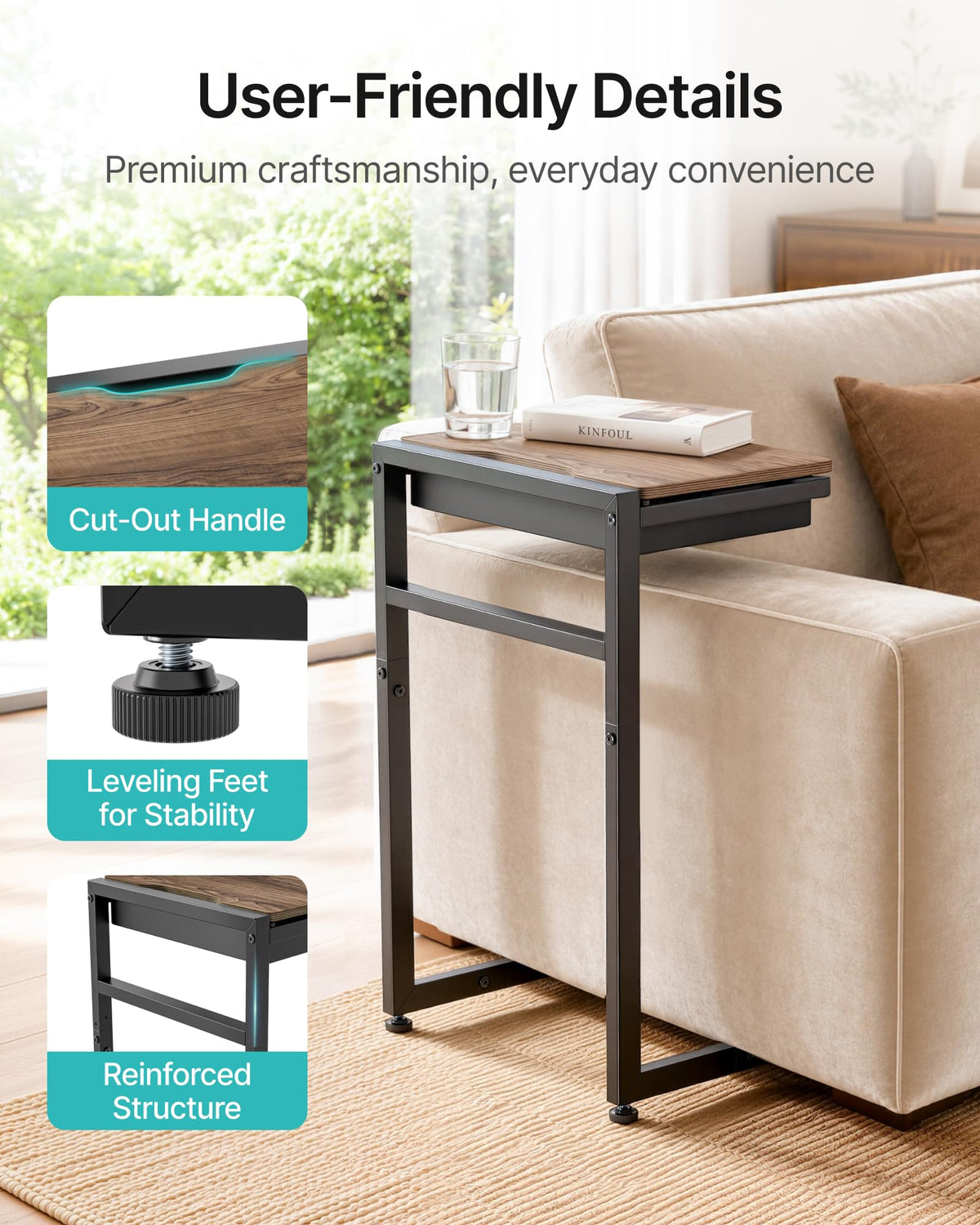 PEGZONE TV Tray Table, C-Shaped Couch Table with Storage, 4-Level Tilt-Top