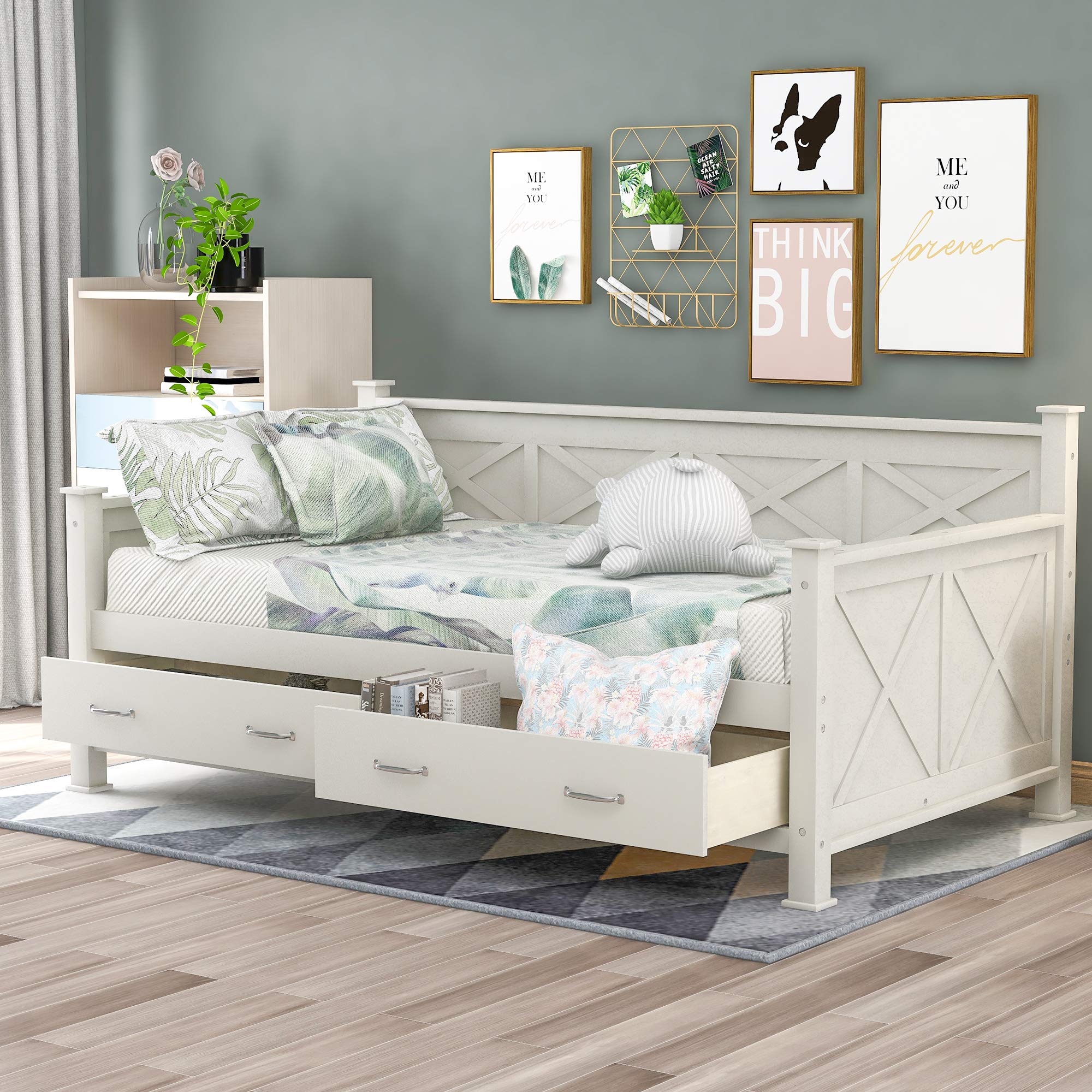 Twin Size Solid Wood Daybed Frame with 2 Storage Drawers,X-Shaped Backrest and Armrests,Low Profile Design,Perfect for Kids Room,Small Space,Apartment,No Box Spring Needed,Space Saving,Cream White