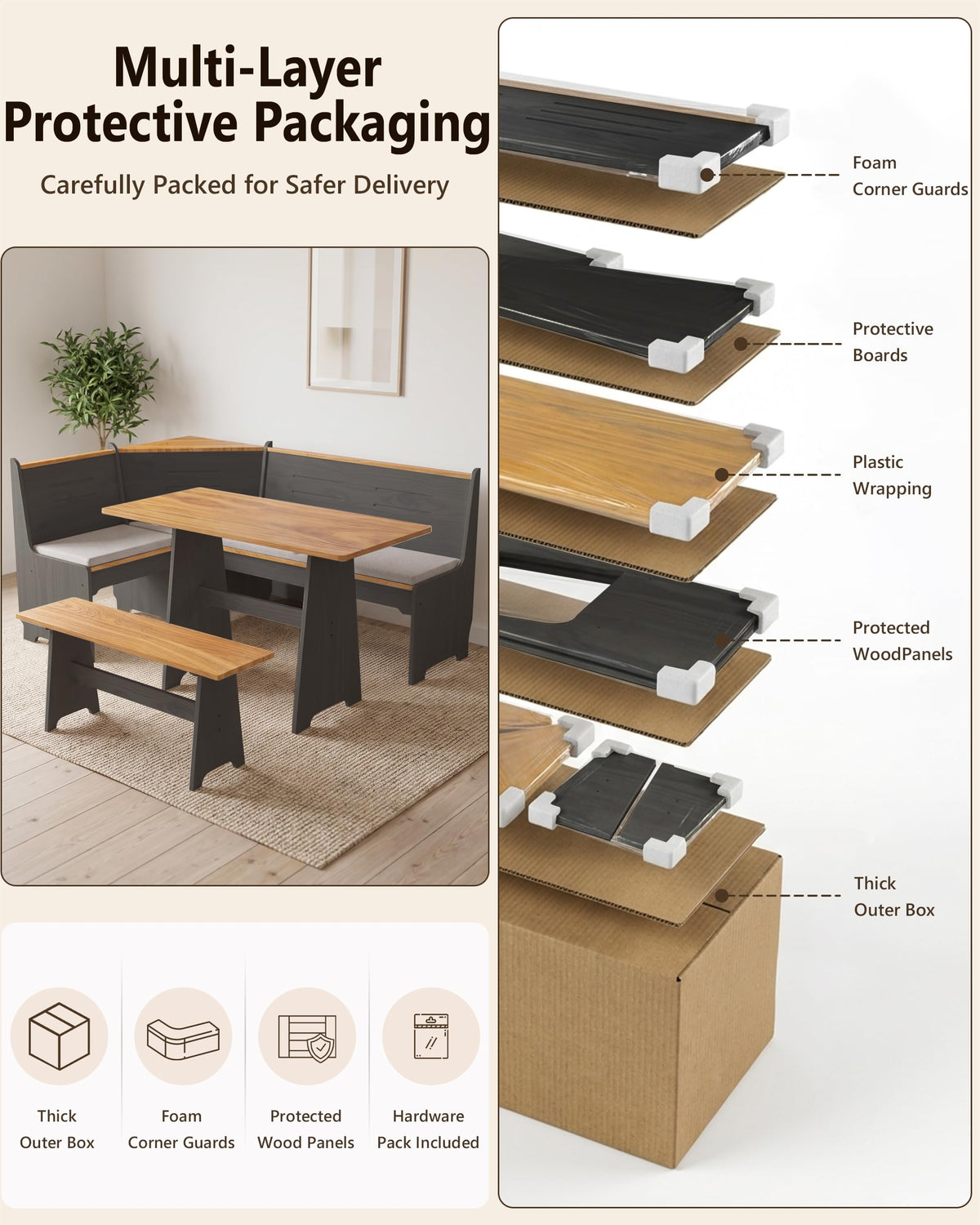 Kitchen Breakfast Nook Table Set - Corner Dining Table Set with Cushion