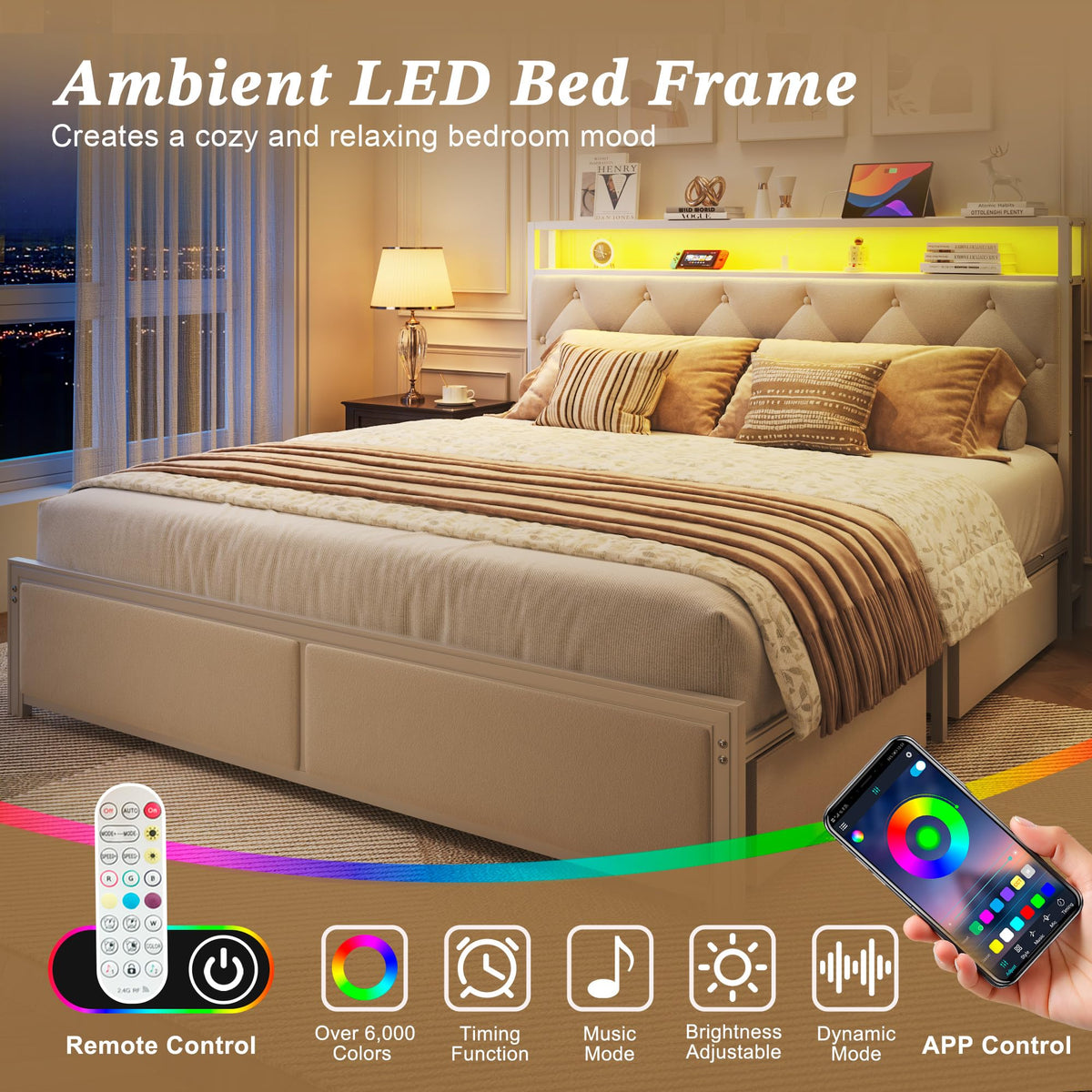 Fluest Queen Bed Frame with 4 Drawers, Upholstered Headboard with Storage, Charging Station, LED Lights, No Box Spring Needed, Easy Assembly, Beige