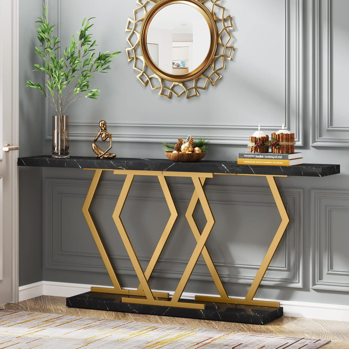 Black and Gold Faux Marble Console Table