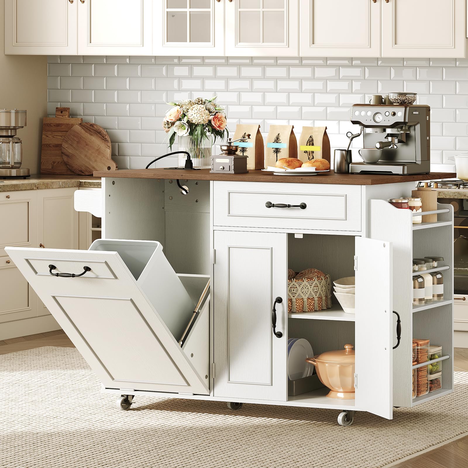 Kitchen Island with Power Outlet & Drop Leaf