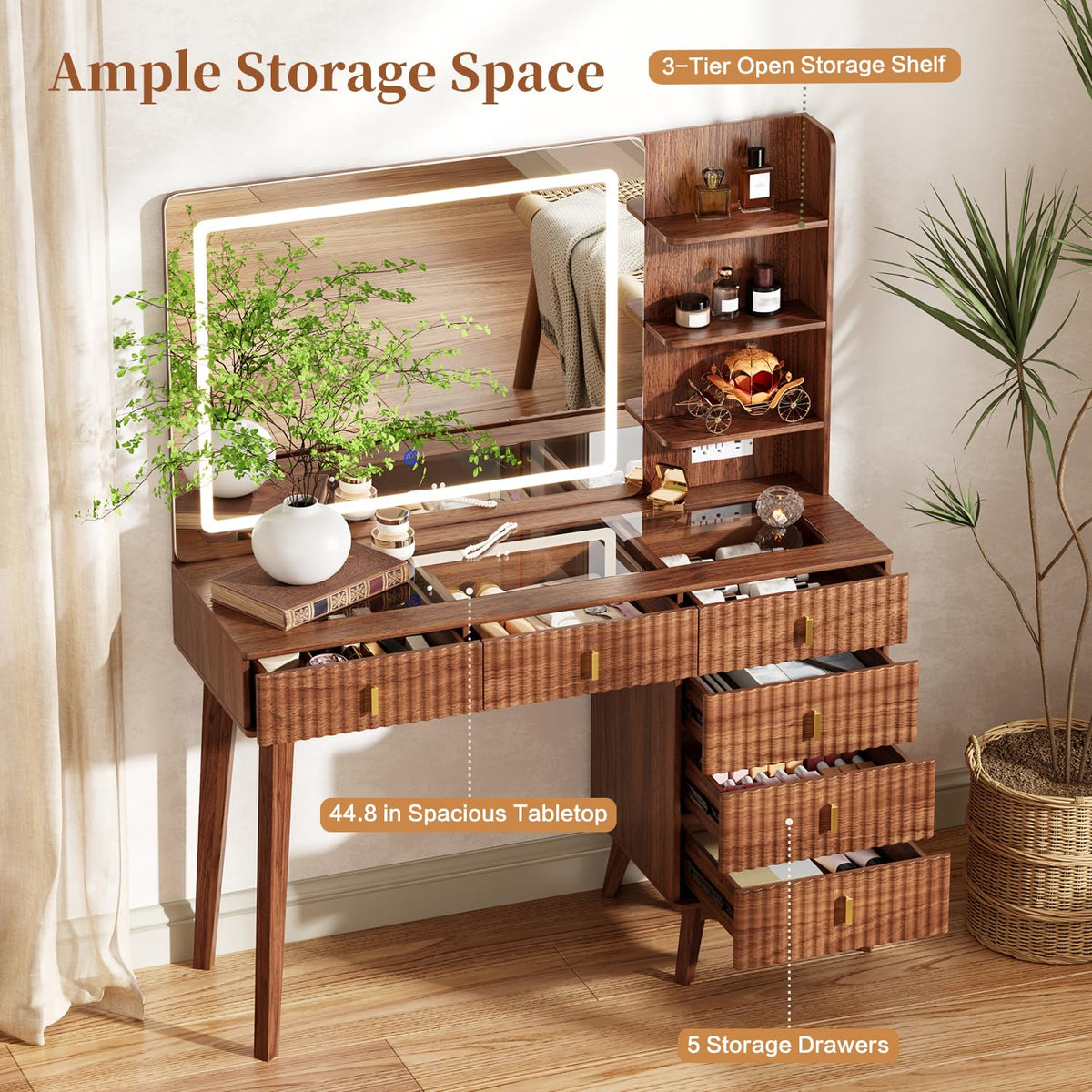 Walnut Makeup Vanity with LED Mirror