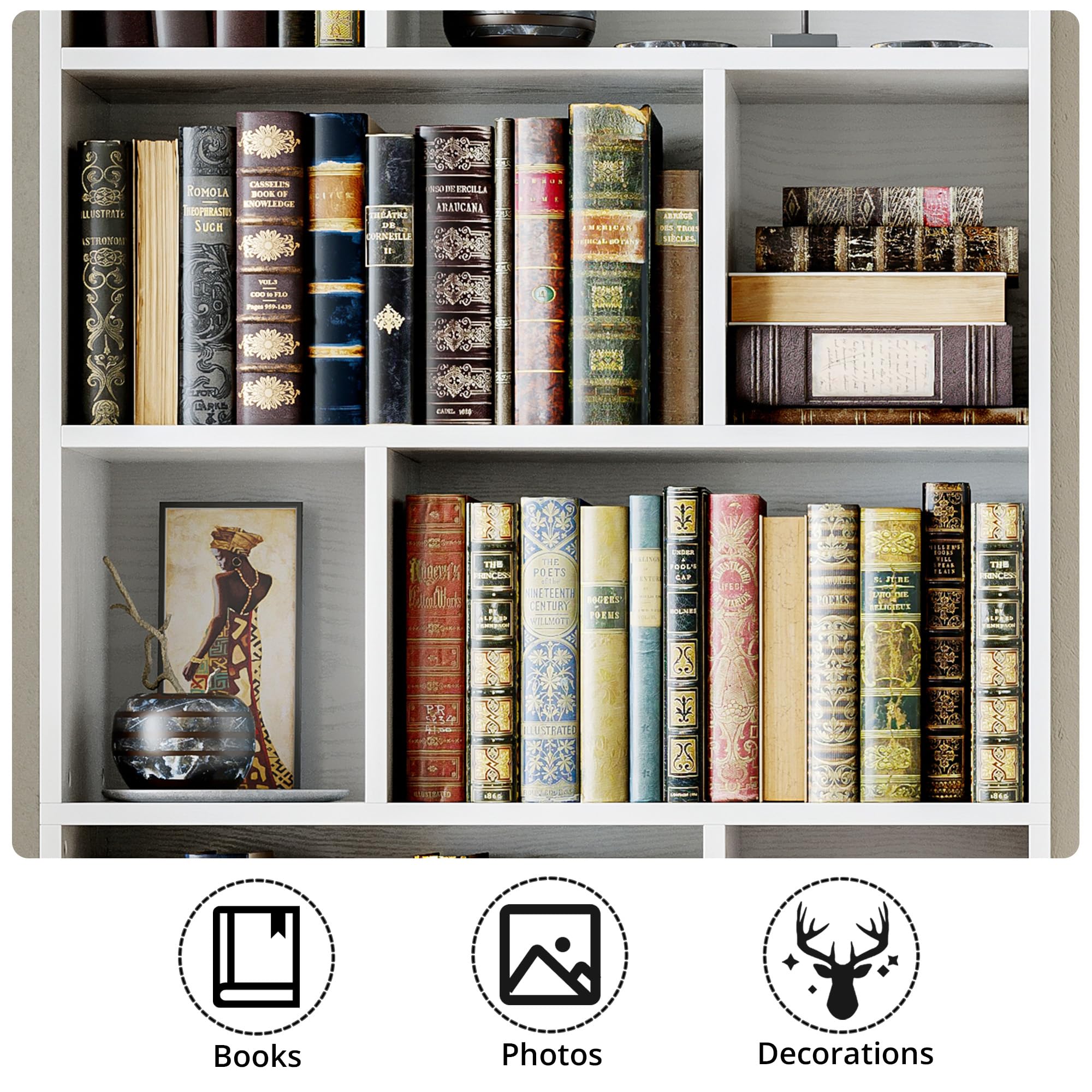 IRONCK Book Shelf, Tall Bookshelf with Storage, Bookshelves and Bookcases with Doors, 4-Tier Bookcase with 8 Open Cubes for Living Room, Office, Study, White