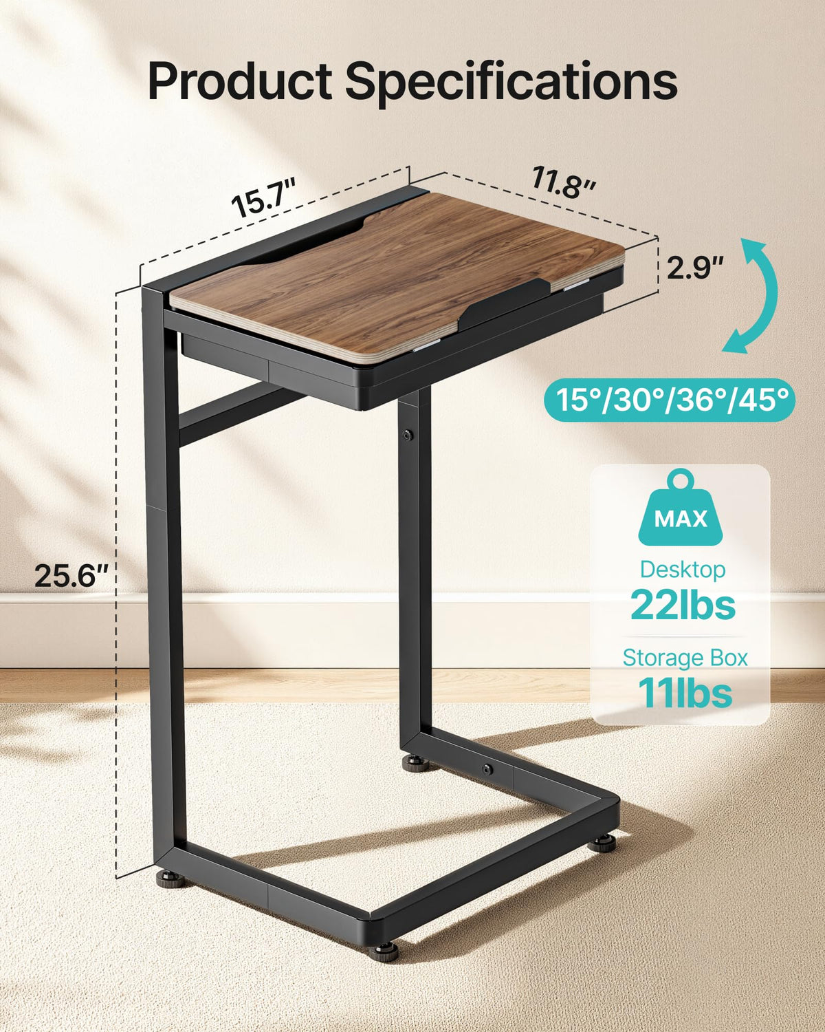 PEGZONE TV Tray Table, C-Shaped Couch Table with Storage, 4-Level Tilt-Top