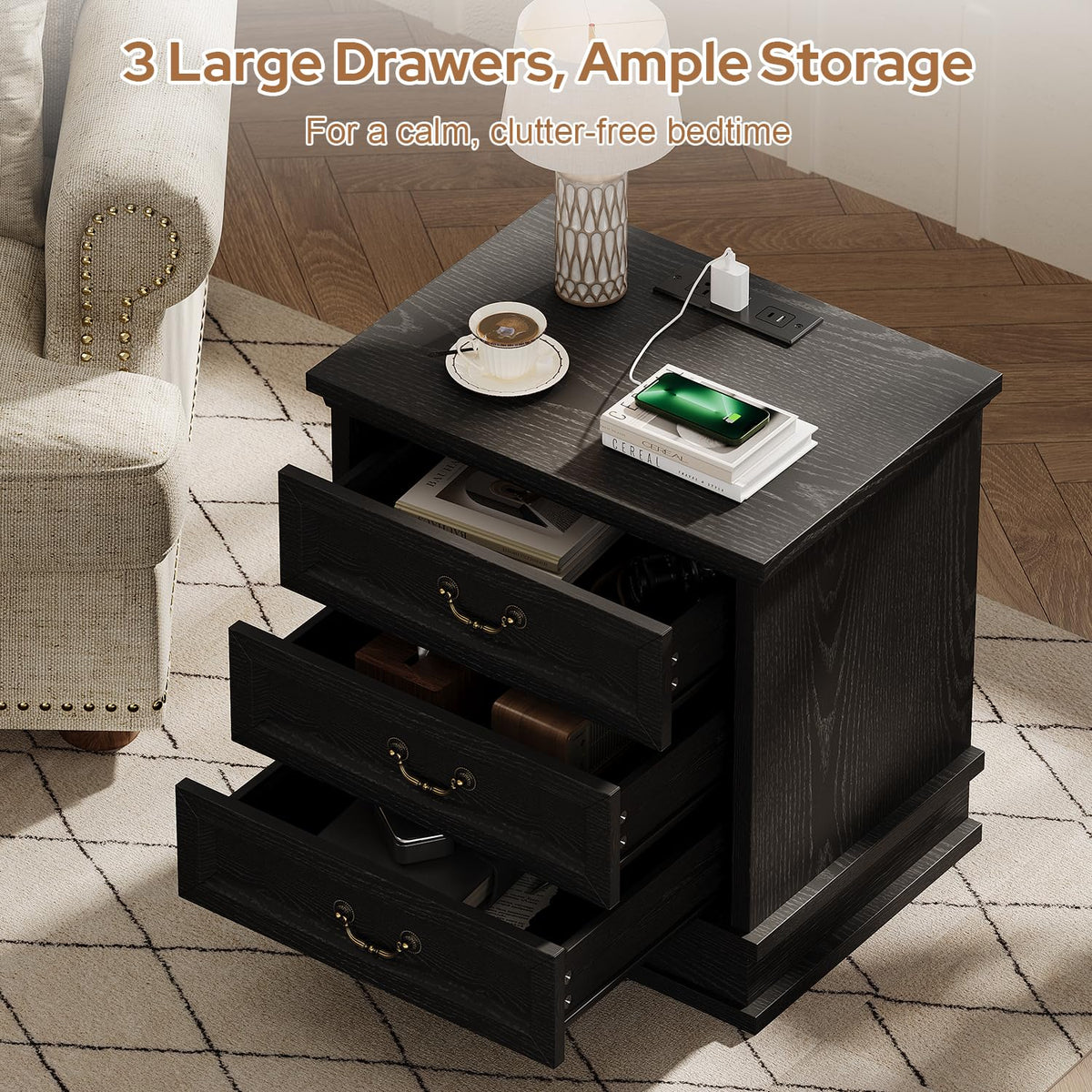 knoworld Nightstand with Charging Station, 3 Drawer Night Stand Set of 2