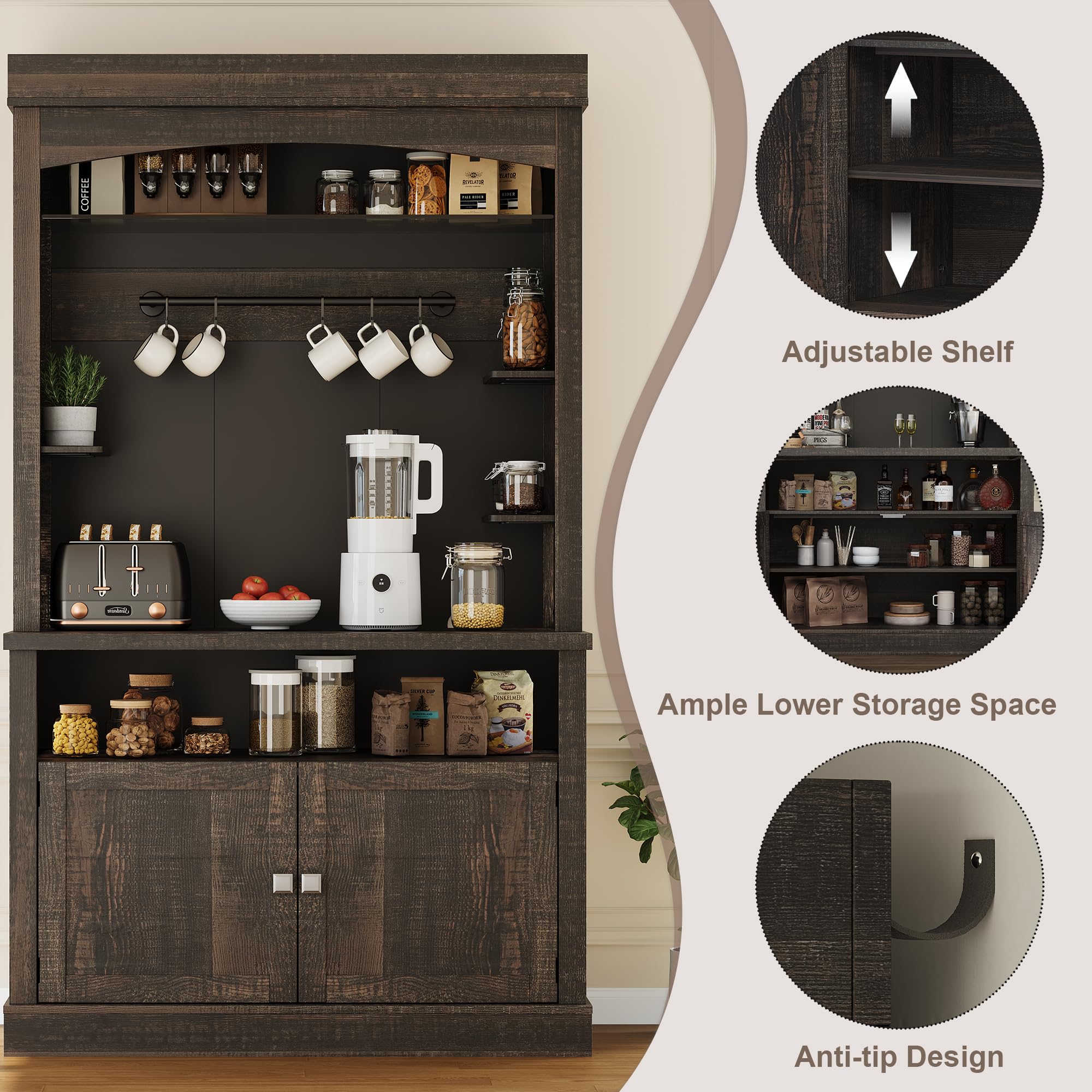 GarveeHome Coffee Bar Cabinet with LED Lights,72 '' Tall Buffet Cabinet with Storage,Farmhouse Kitchen Sideboard Tall Coffee Hutch with Microwave Stand/Wine Rack/Glass Shelf Dining Room(Oak)