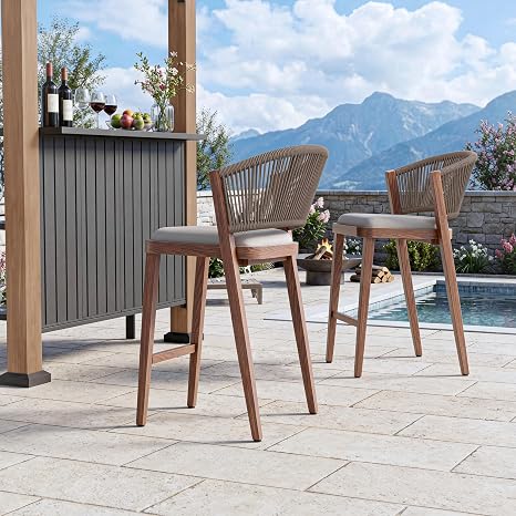 Outdoor Swivel Bar Stools Set of 2 – Rope Backrest & Cushioned Seat