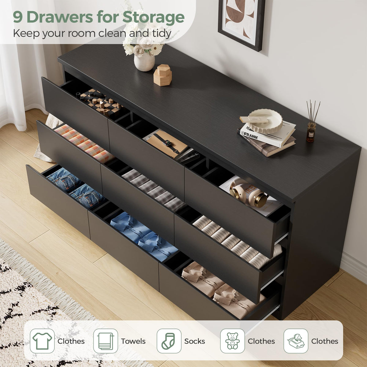 Jocoevol Modern 9 Drawer Dresser for Bedroom, Simply Chest of Drawers, Wood Storage Dresser with Deep Drawers for Living Room Hallway Entryway (Black)