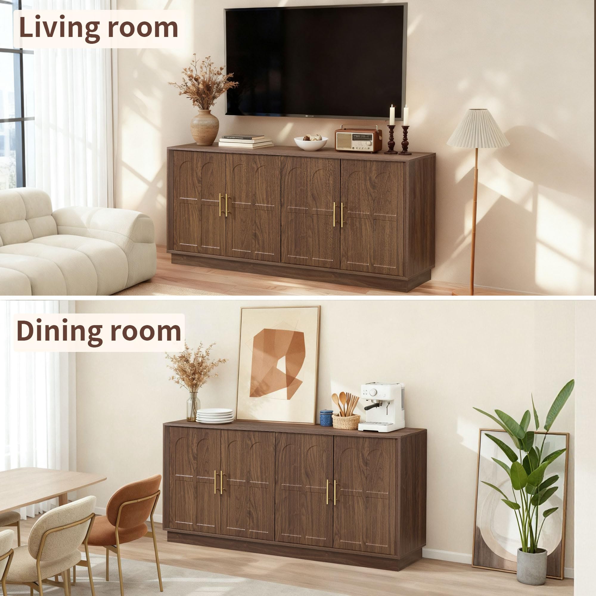 SZTHHDF 66.5" Sideboard Buffet Cabinet with Storage, Modern Credenza with Arched Doors, Large Wood Accent Cabinet for Living Room Entryway (Walnut)