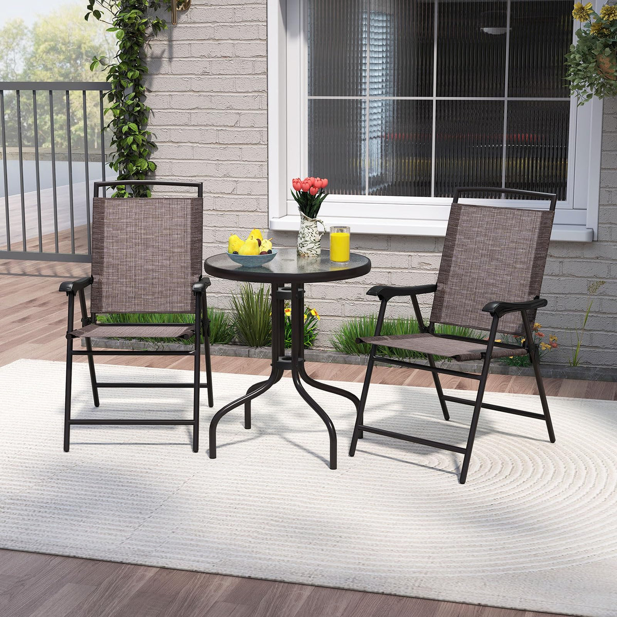 Goplus Bistro Table and Chairs Set of 2, Outdoor 3 Piece Patio Bistro Set with 1.57” Umbrella Hole, Tempered Glass Tabletop, 2 Folding Chairs, Small Patio Furniture Dining Set for Garden, Balcony