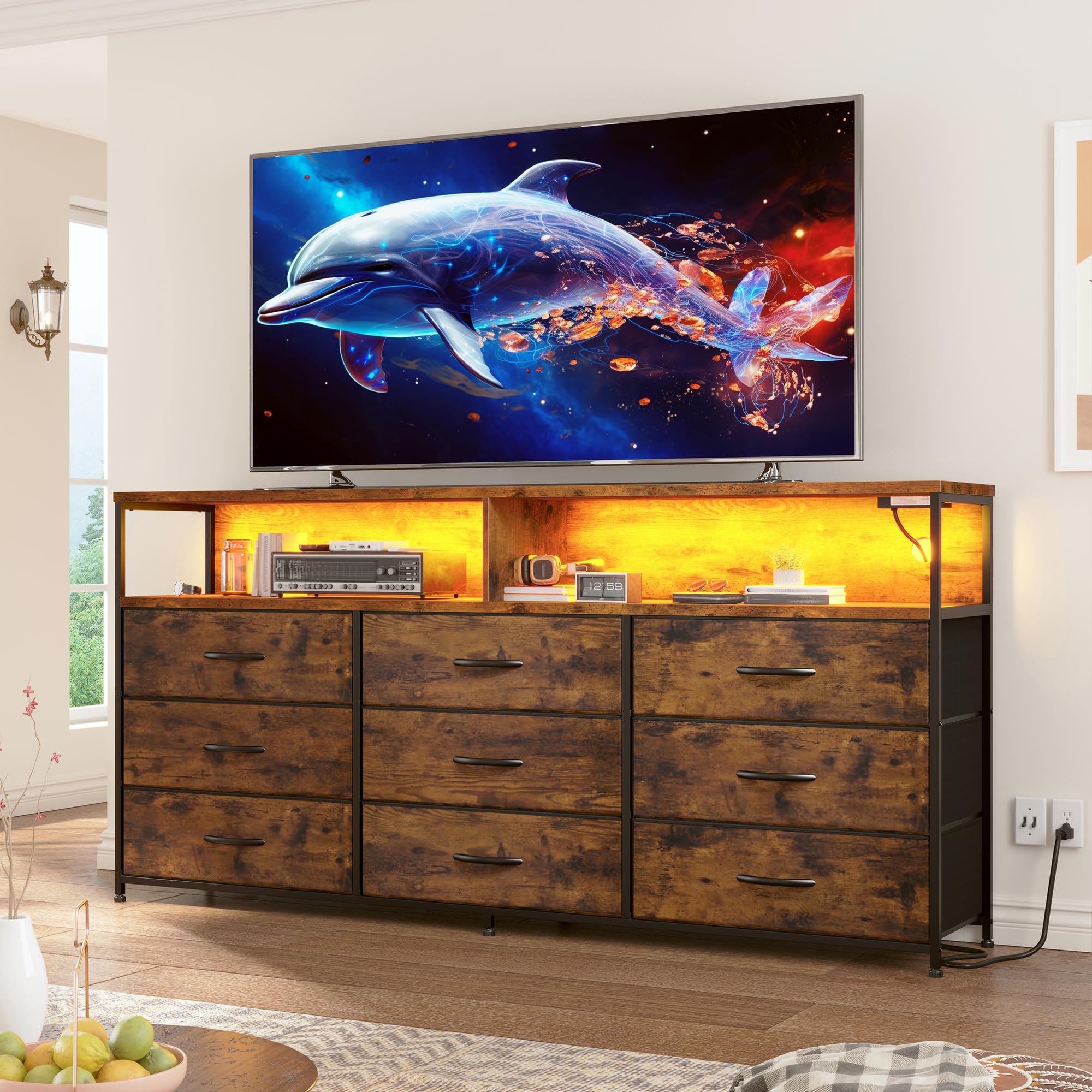 EnHomee 55" W Dresser for Bedroom with Charging Station & LED, 65/55 Inch TV Stand with 9 Fabric Drawers, Sturdy Dressers & Chest of Drawers with 2 Wood Storage Open Shelves,Entryway, Rustic Brown