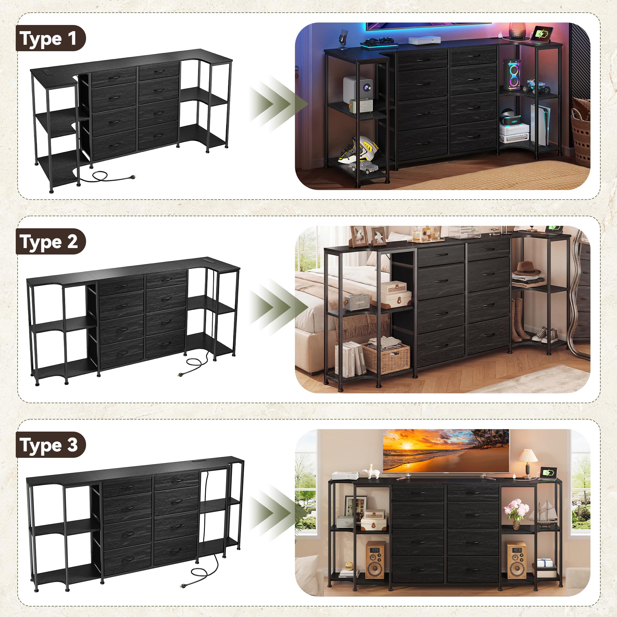 8-Drawer Dresser & TV Stand with Charging Station