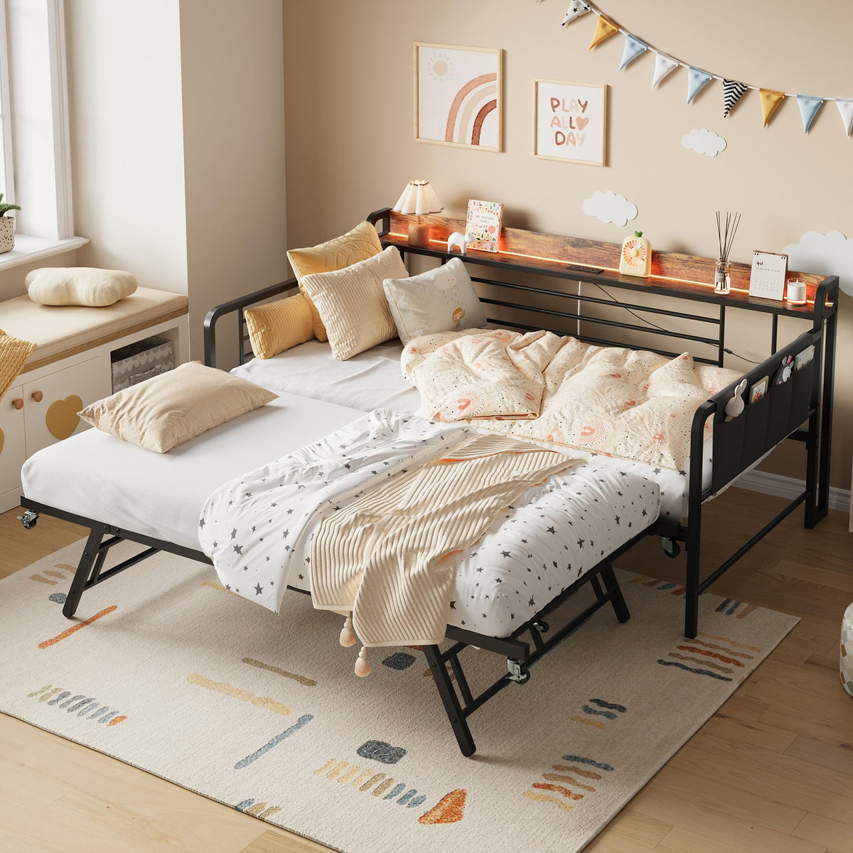 IDEALHOUSE Twin Daybed with Trundle Bed, Charging Station and LED Light