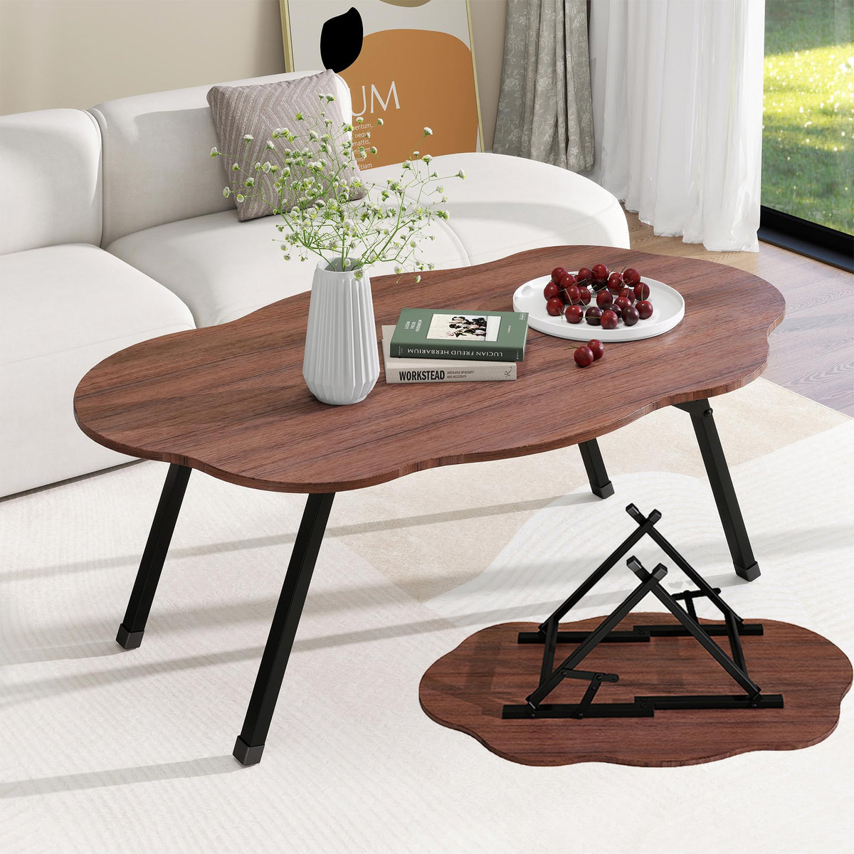 JUISSANO Folding Coffee Table,Cloud Coffee Table for Living Room,Walnut
