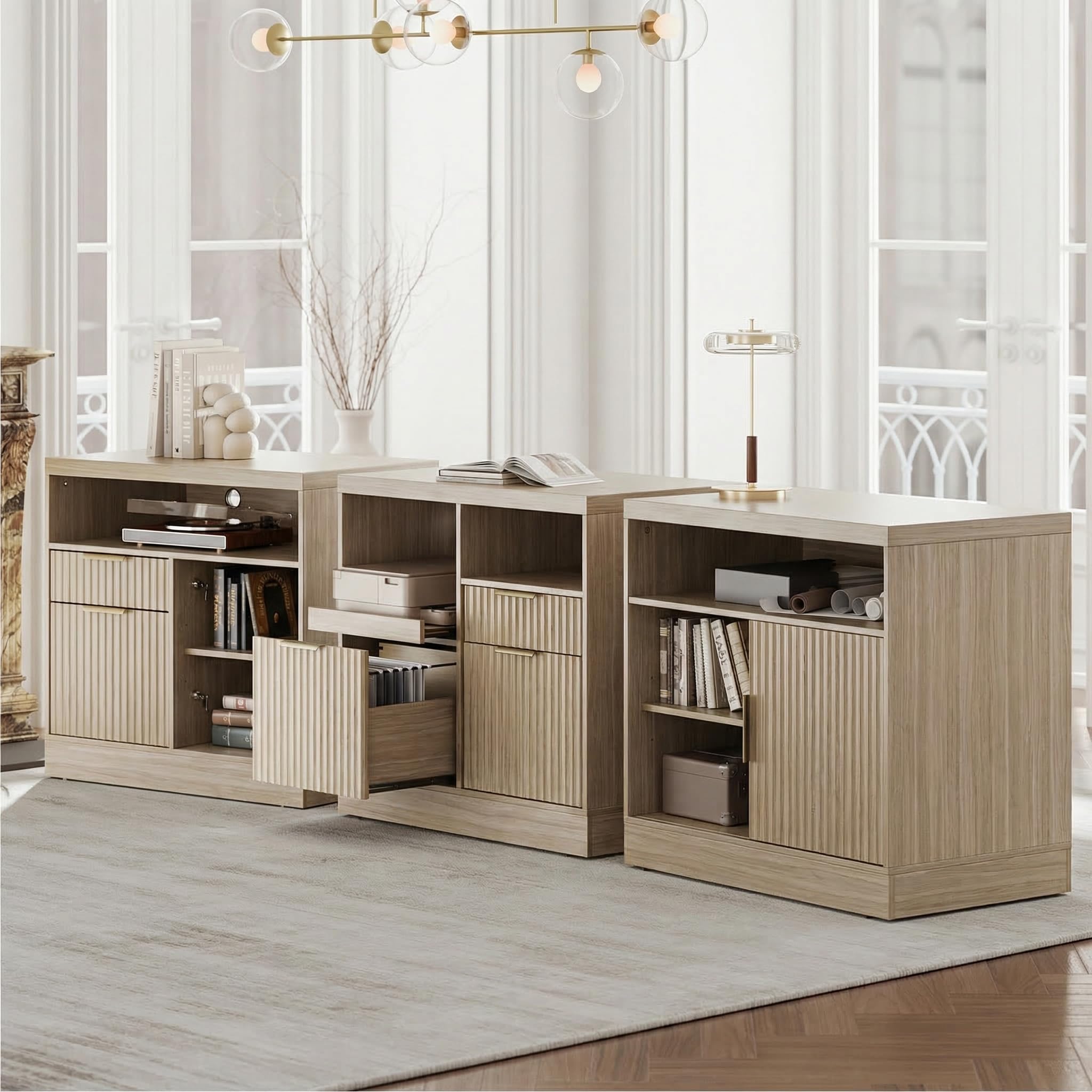 3-Drawer File Cabinet with Charging Station & Open Shelves