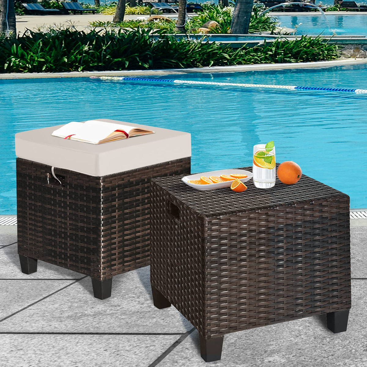 2-Piece Wicker Patio Ottoman Set