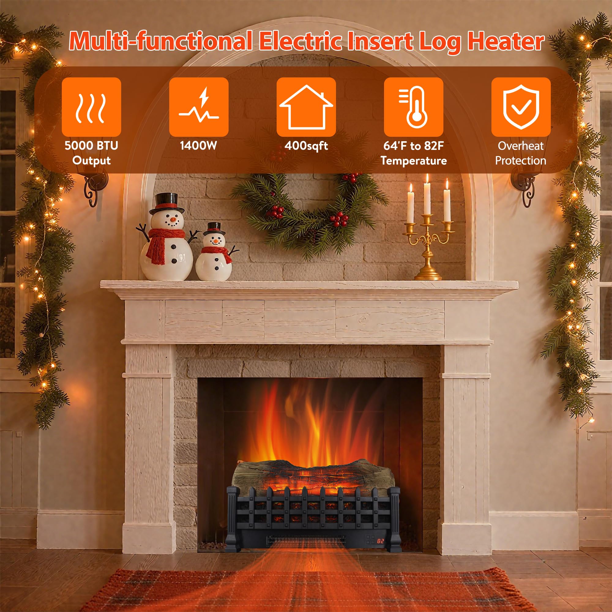 Innoflame 21" Electric Fireplace Log Set, Fireplace Insert with Realistic Flame, Adjustable Flame Brightness, Thermostat, 9H Timer, Remote Control, Overheating Protection, 1400W