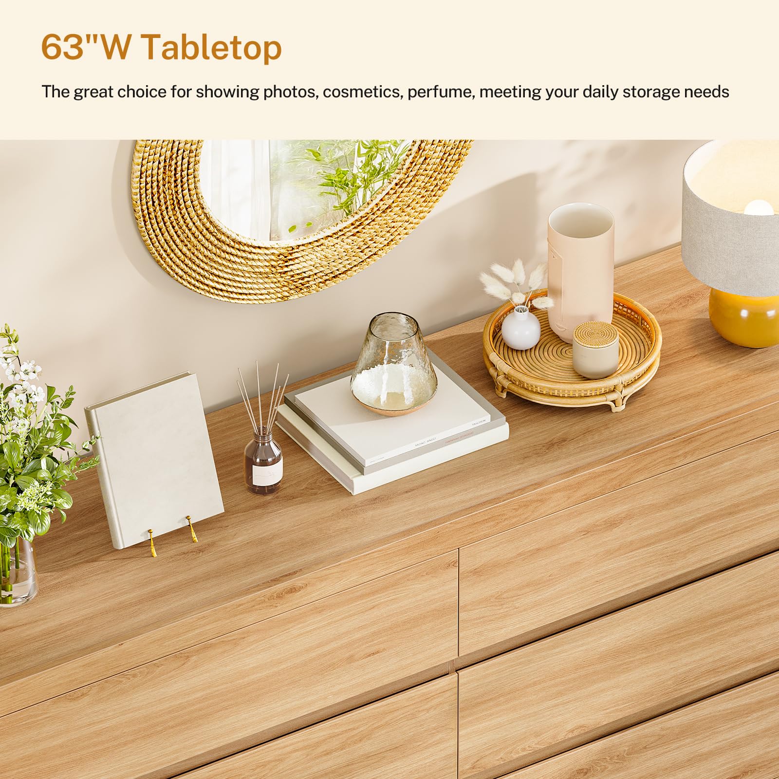TEENFON 55" Dresser for Bedroom with 6 Drawers, Modern Dressers & Chests of Drawers with Metal Handles, Wooden Dresser TV Stand, Bedroom Dressers, for Bedroom, Hallway, Natural
