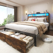 Lifezone Full Bed Frame with 2-Tier Storage Headboard, Metal Bed Frame with Storage Drawers & Built-in Charging Station & LED, Noise-Free, No Box Spring Needed, Easy Assembly, Rustic Brown