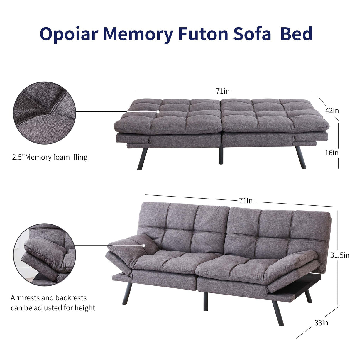 Opoiar Futon Sofa Bed,Small Splitback Linen Fabric Memory Foam Couch,Modern Convertible Love seat for Compact Living Spaces,Studio,Apartment,Dorm,Guest Room,Home Office 71”/Grey Sofa