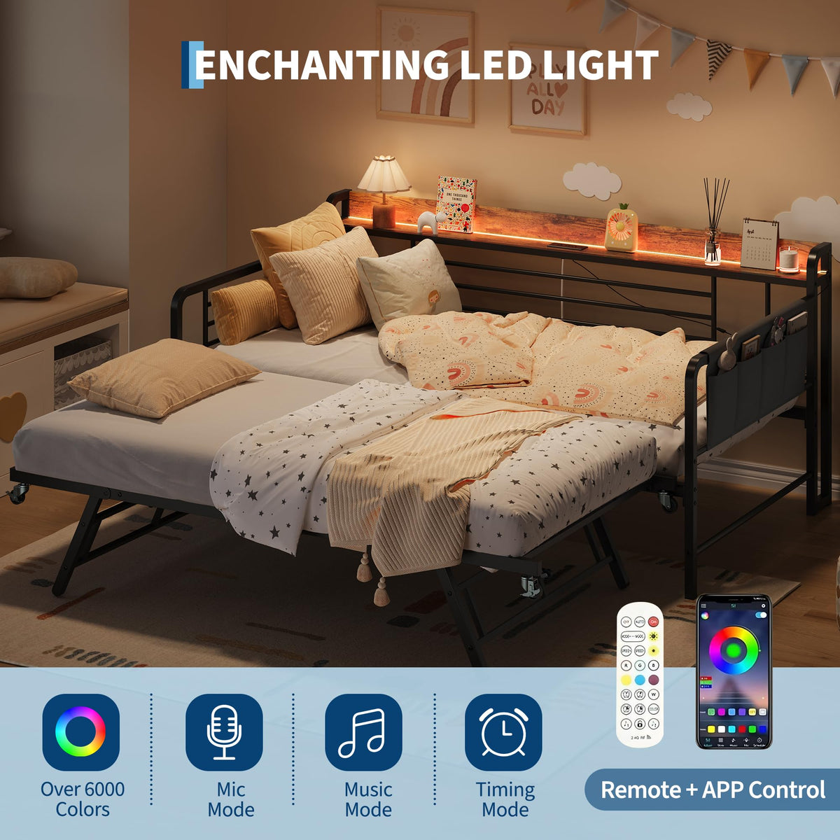 IDEALHOUSE Twin Daybed with Trundle Bed, Charging Station and LED Light