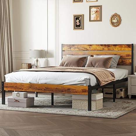 Industrial Metal Bed Frame with Headboard – 800 lb Capacity, Under-Bed Storage