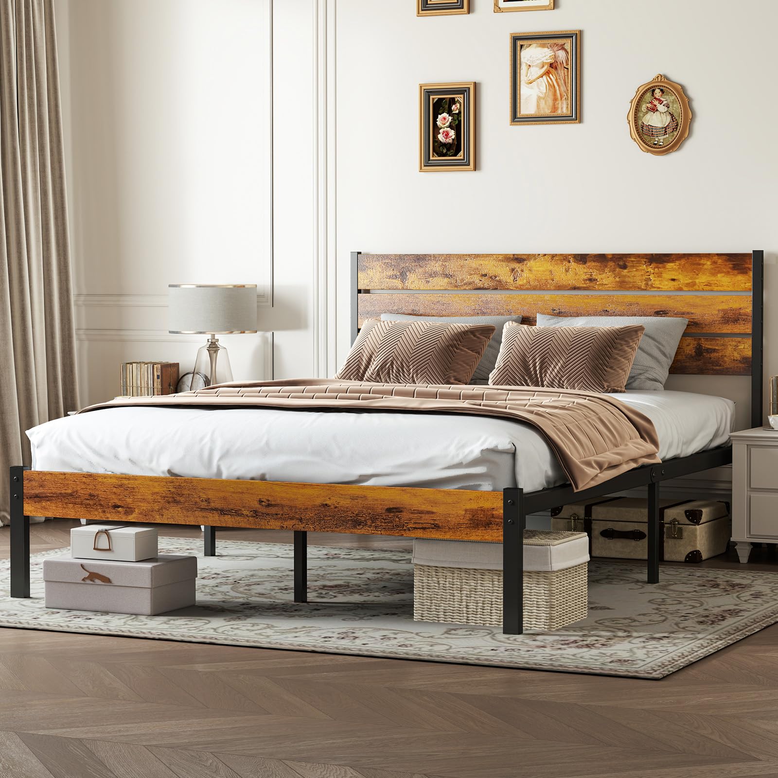 Industrial Metal Bed Frame with Headboard – 800 lb Capacity, Under-Bed Storage