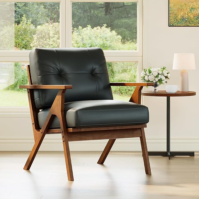 Mid-Century Leather Accent Chair with Wooden Arms