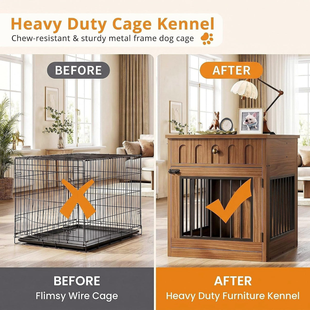 IRONCK 25.6" Small Dog Crate Furniture with Drawer and Flip Top, Walnut