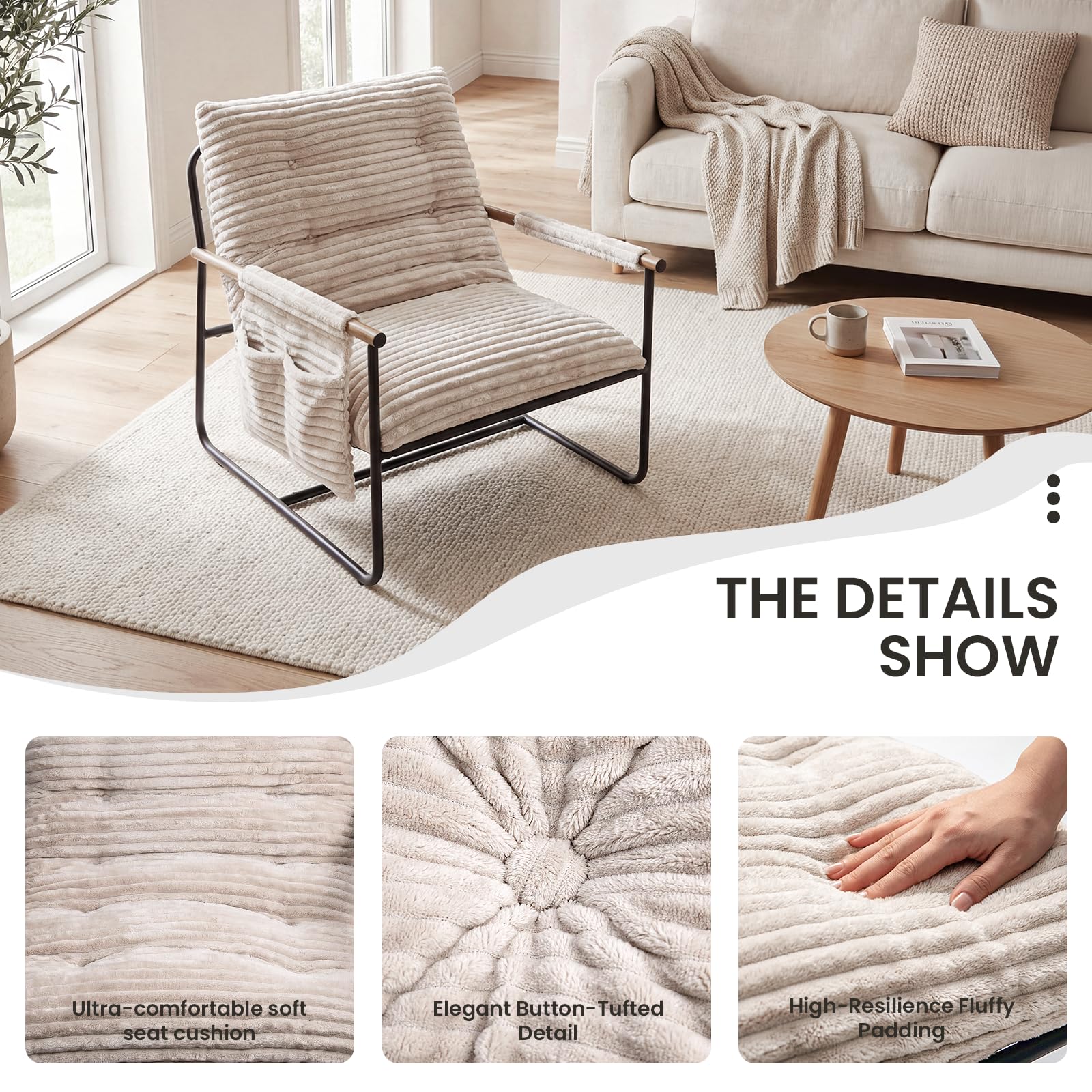 Corduroy Accent Chair with Wood Armrests