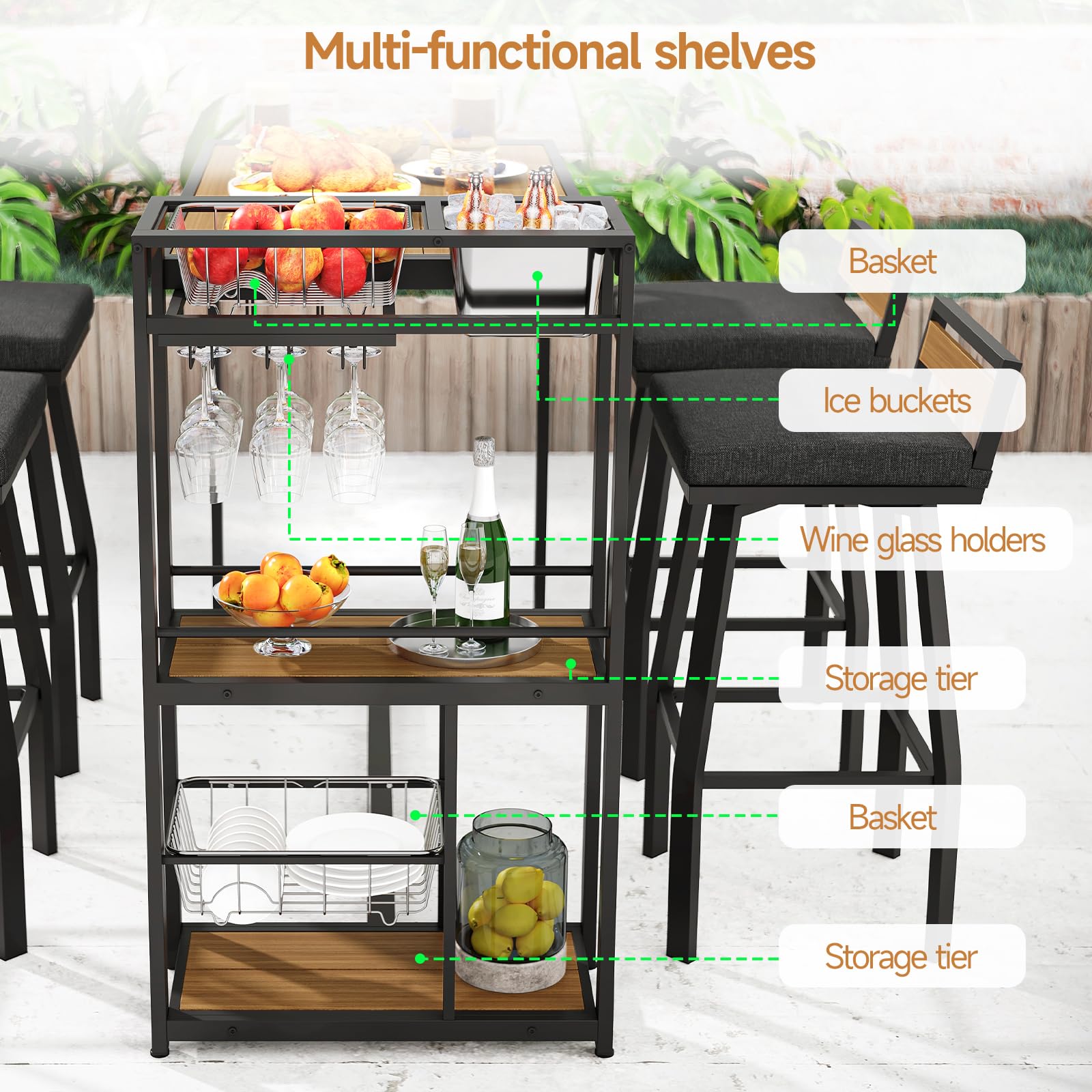 5-Piece Outdoor Patio Bar Set with Storage Shelves & Swivel Stools