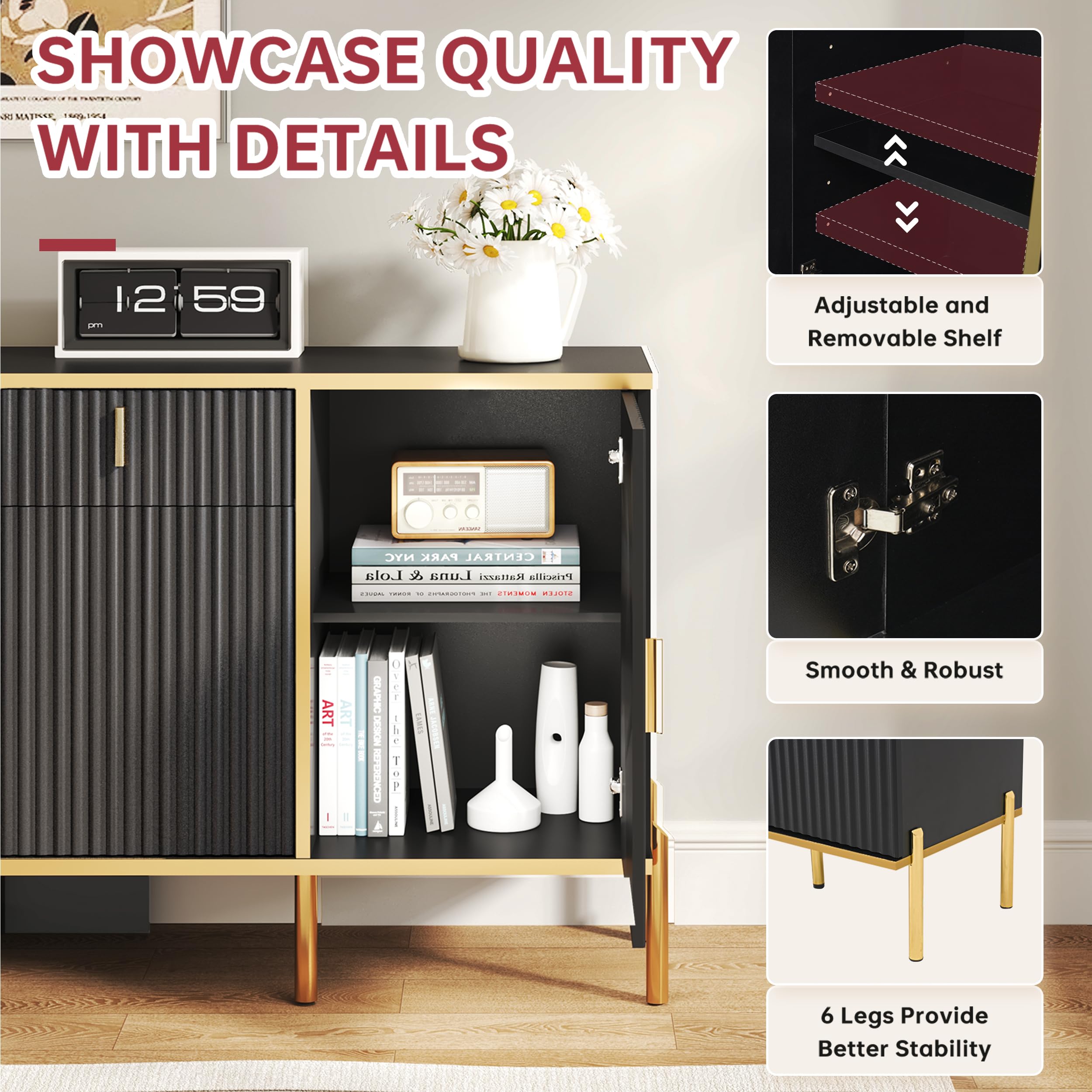 60" Fluted Buffet Cabinet with Storage, Modern Buffets & Sideboard with 2 Drawers, 4 Doors and Adjustable Shelves, Accent Cabinet for Kitchen, Living Room, Hallway, Black