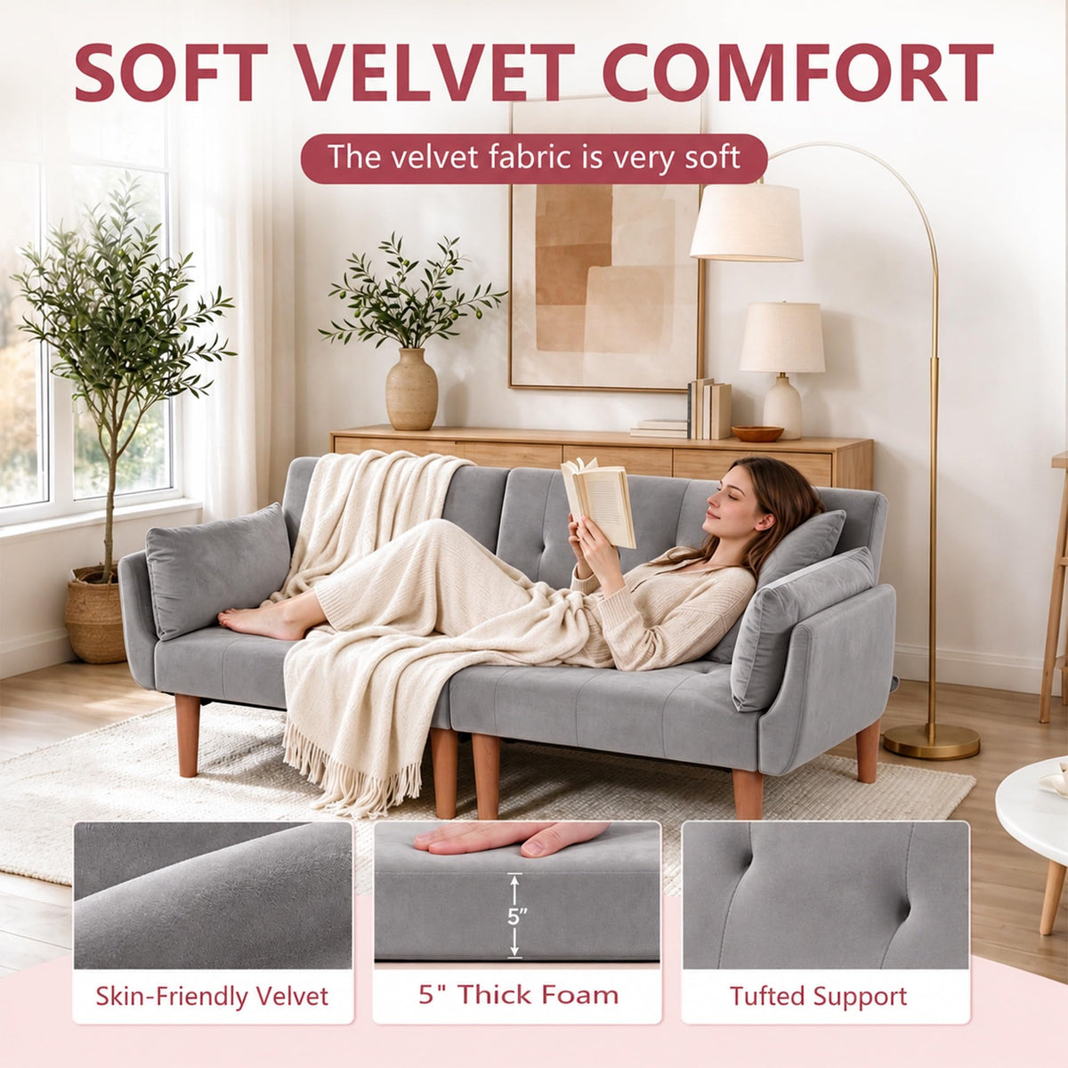 Modern 72 In Velvet Sofa Bed Futon, Tufted Recliner Loveseat Design (Gray)