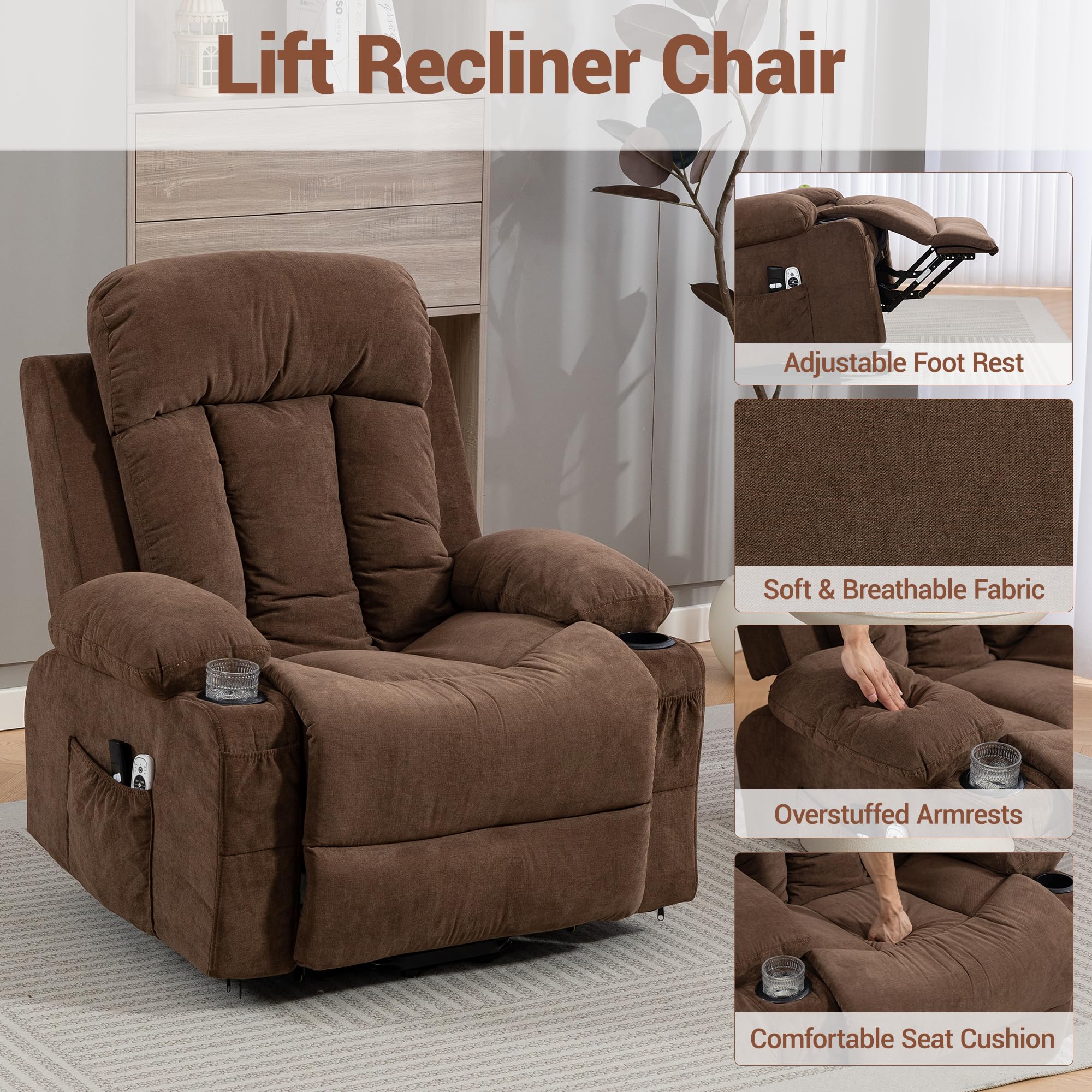 WENTUM Power Lift Recliner Chair for Elderly, Electric Lift Chair with 8 Vibration Massage and Heat, Soft Breathable Fabric, Cup Holders, Side Pockets, USB Charge Port for Living Room Bedroom, Brown